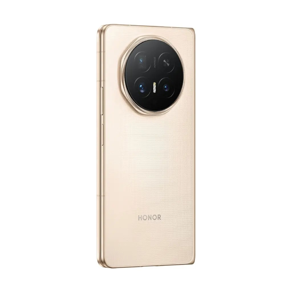 Smartphone Honor dorado visto desde atrás, con módulo de cámara circular y acabado texturizado sobre fondo blanco.
