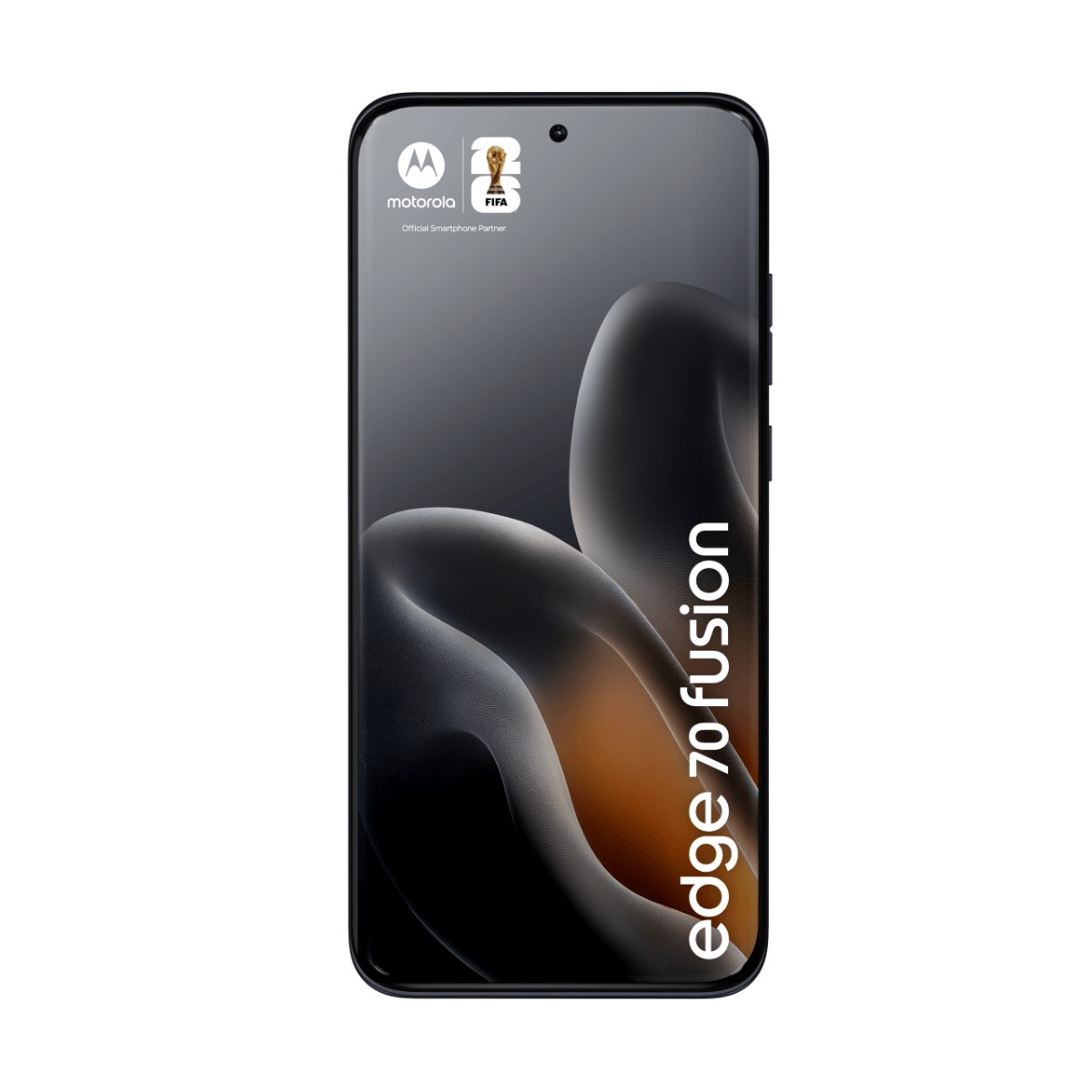 Vista frontale dello smartphone Motorola Edge 70 Fusion con sfondo curvo e loghi.
