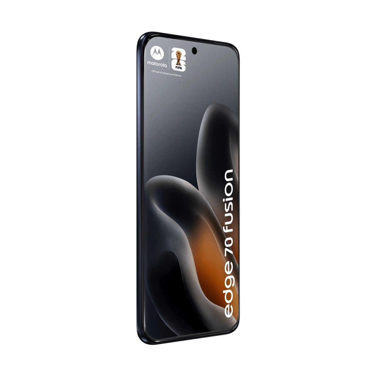 Smartphone Motorola Edge 70 fusion con display curvo e forme astratte.