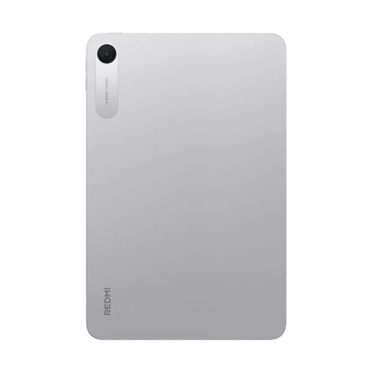 Retro di un tablet Redmi argentato con una singola fotocamera in alto a sinistra e il logo in basso.