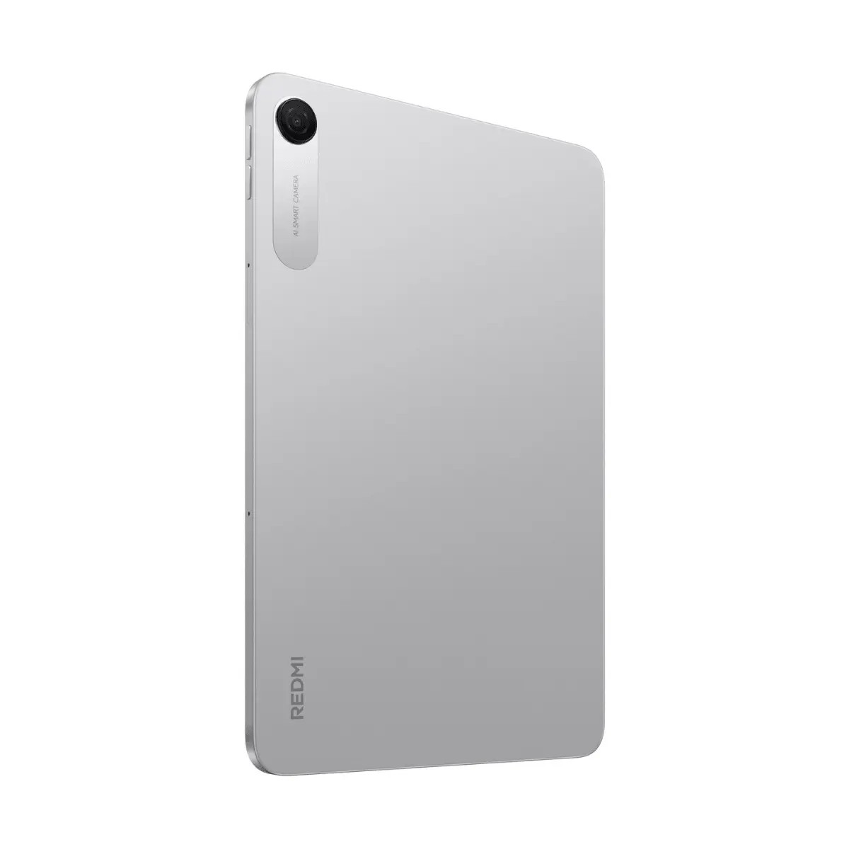 Retro di un tablet Redmi argentato con una singola fotocamera e logo.