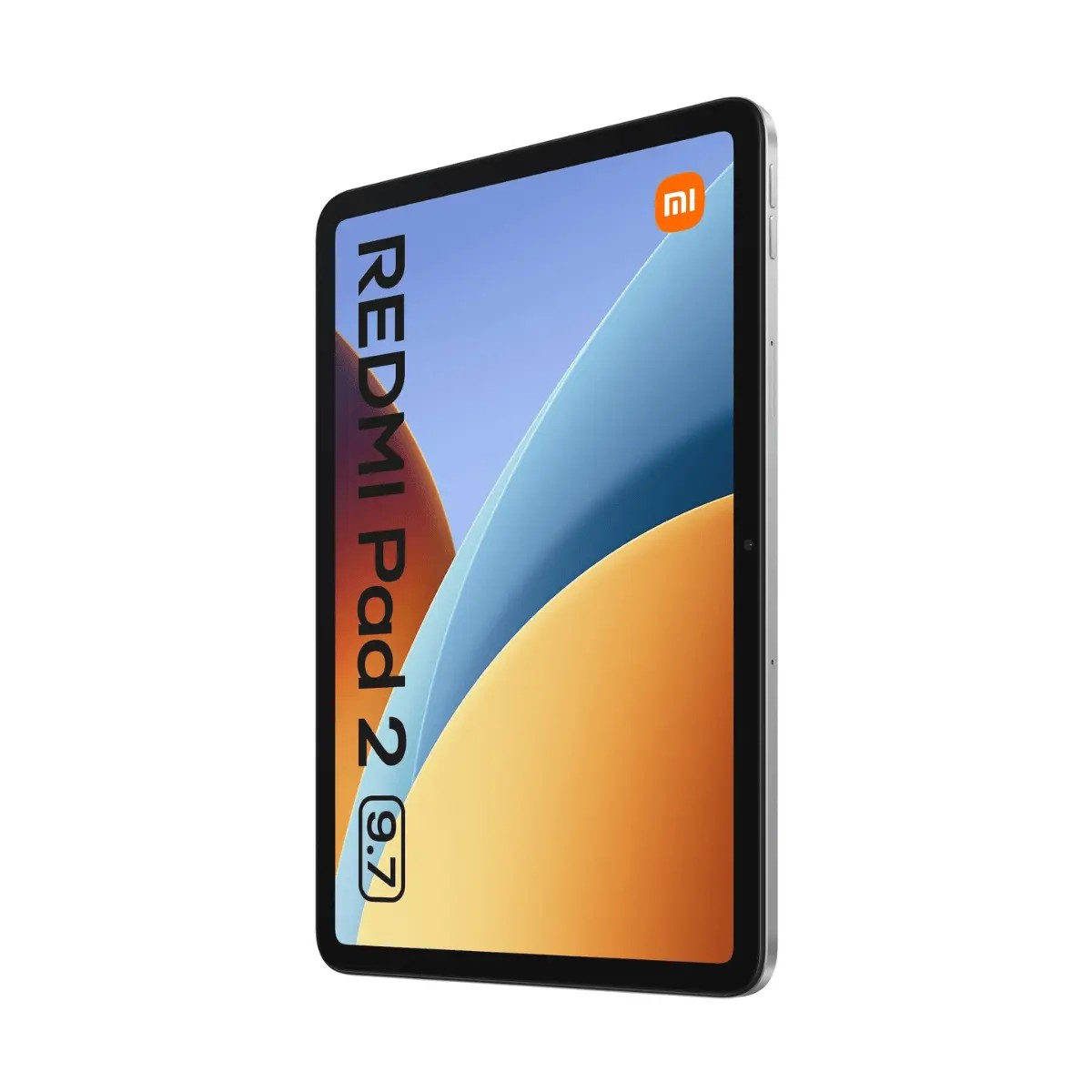 Un moderno tablet grigio inclinato a sinistra, mostra uno schermo grafico colorato su sfondo bianco.