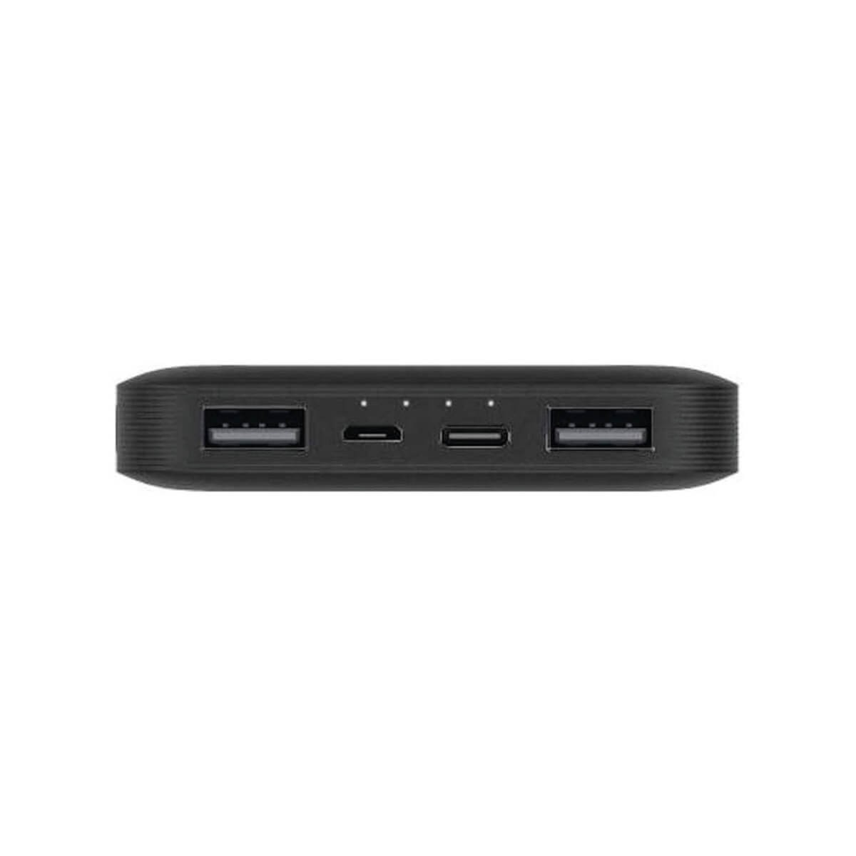 İki USB-A bağlantı noktası, bir Micro-USB bağlantı noktası, bir USB-C ve dört LED göstergeli siyah powerbank.
