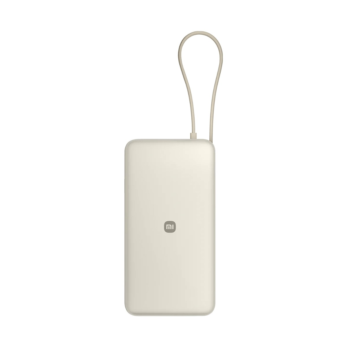 Un power bank Xiaomi beige con cordino su sfondo bianco.
