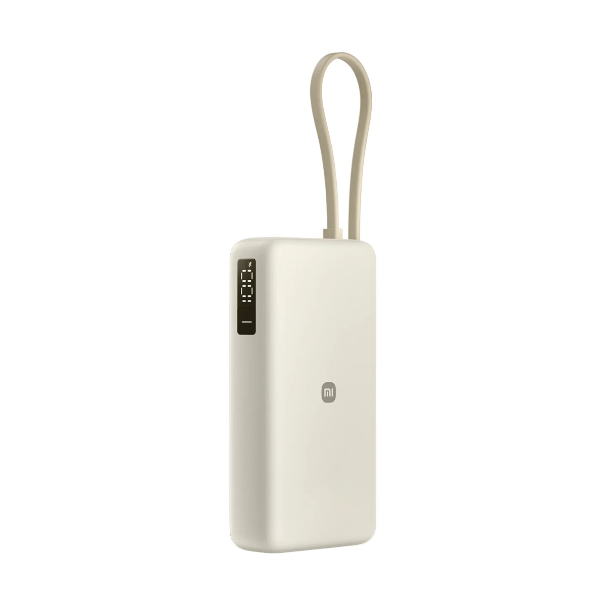 Power bank Xiaomi beige con display digitale e cinturino da trasporto integrato su sfondo bianco.