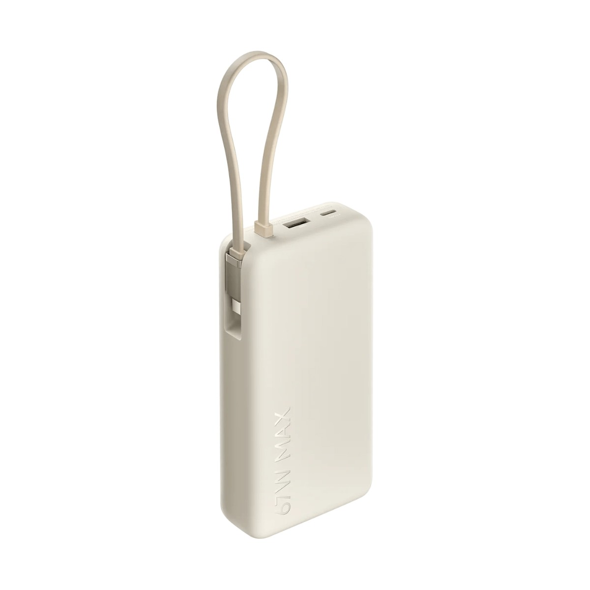Power bank beige con cavo ad anello integrato e la scritta 67W MAX su sfondo bianco.