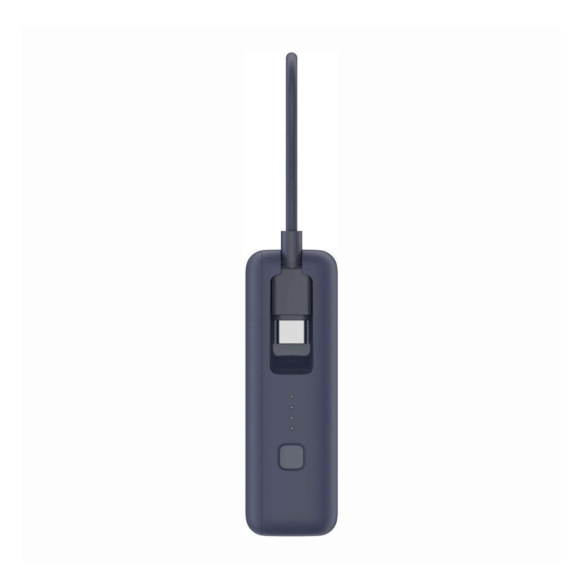 Een donkerblauwe powerbank met geïntegreerde USB-C-kabel en statuslampjes op een witte achtergrond.