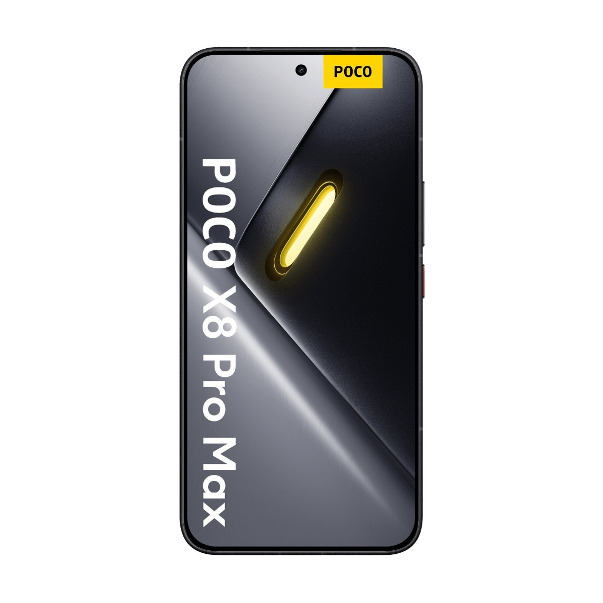 Promosyon metni ve ekranda parlayan sarı vurgusuyla siyah POCO X8 Pro Max akıllı telefonun önden görünümü.