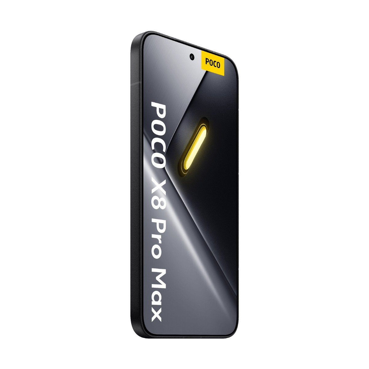 Siyah kasalı Poco X8 Pro Max akıllı telefon, ekranda marka adını ve parlayan sarı bir ışığı gösterir.