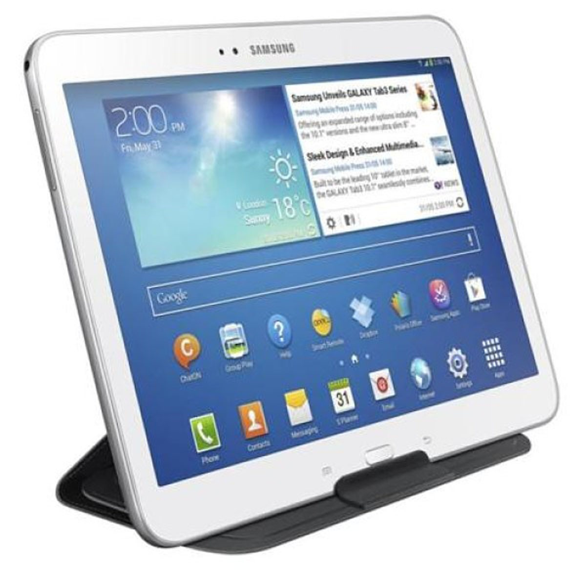 Un tablet Samsung bianco su un supporto nero mostra la schermata iniziale con diverse icone di app.