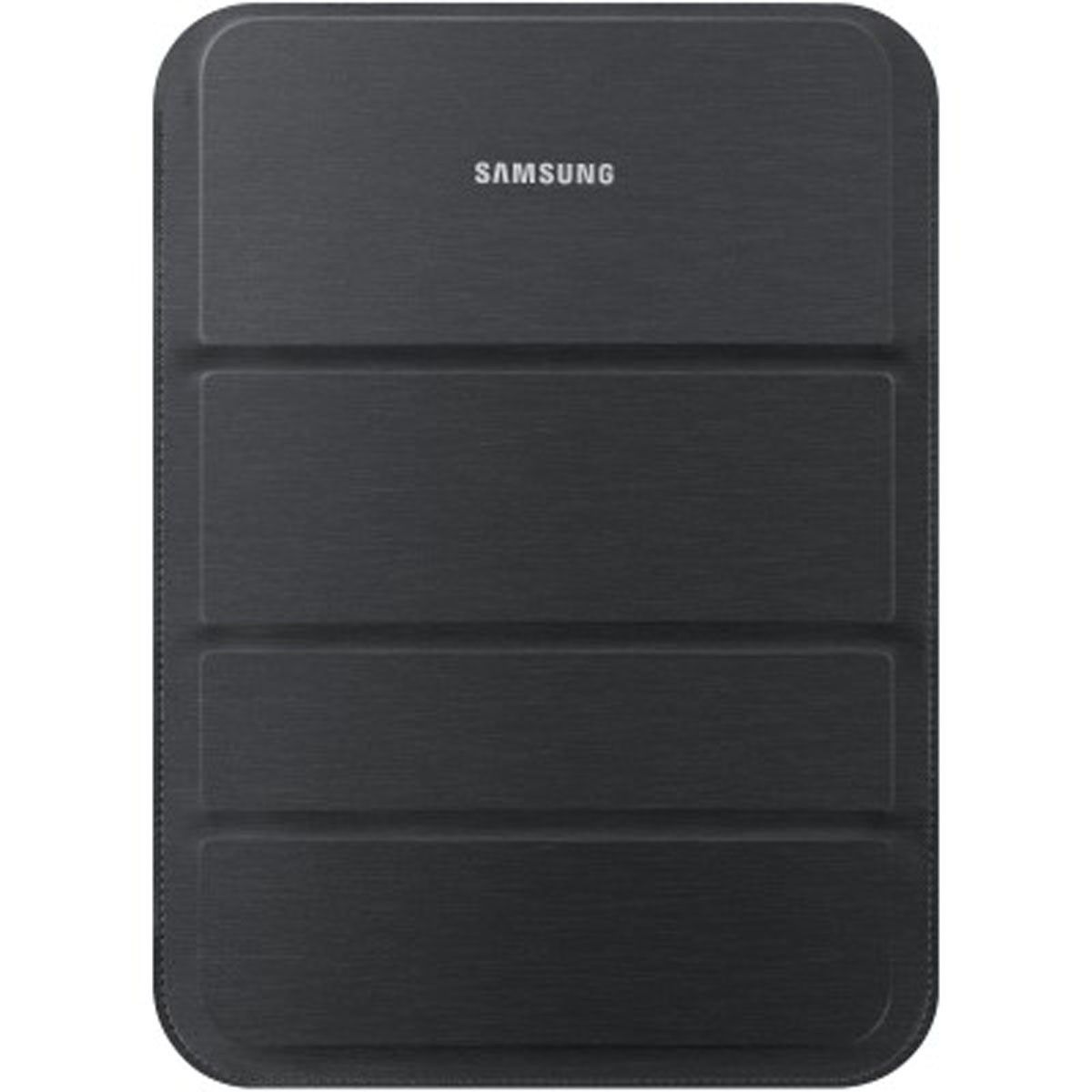 Una custodia nera per tablet Samsung con texture spazzolata e quattro segmenti orizzontali.