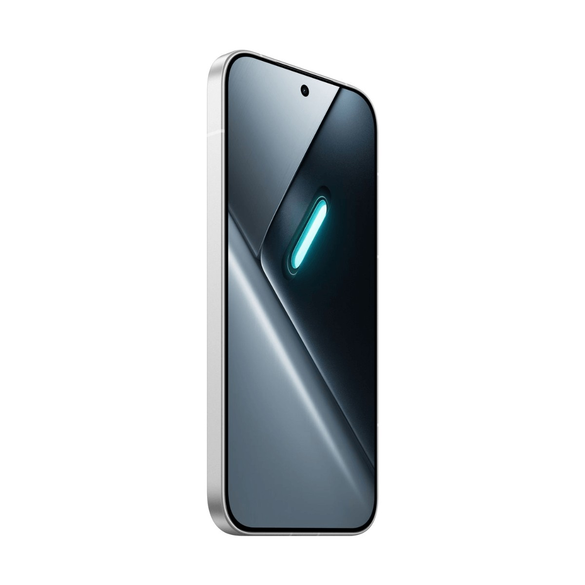 Uno smartphone inclinato mostra uno schermo argento e nero con un indicatore azzurro luminoso a forma di capsula.