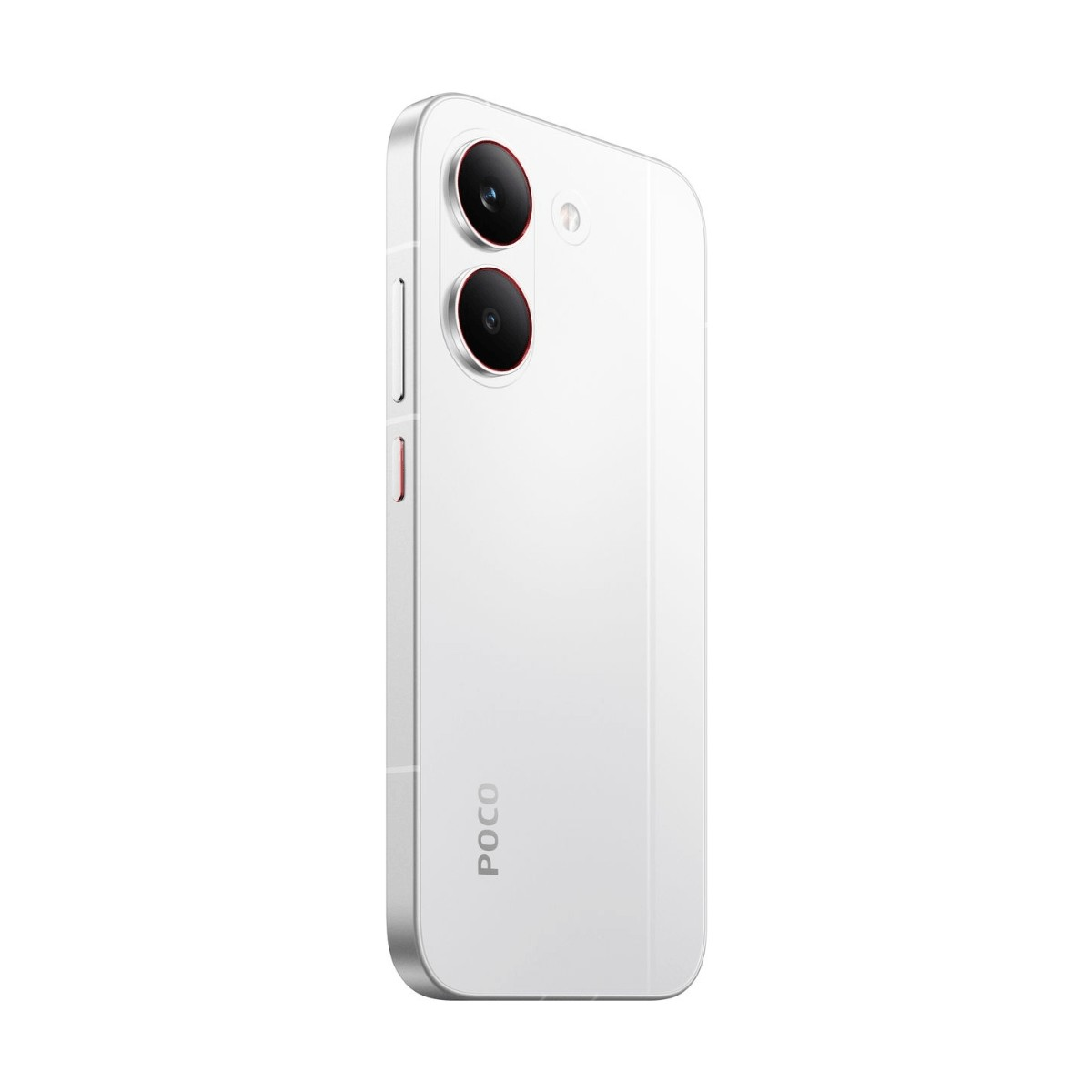 Retro di uno smartphone POCO bianco con due obiettivi fotografici verticali e tasti laterali su sfondo chiaro.