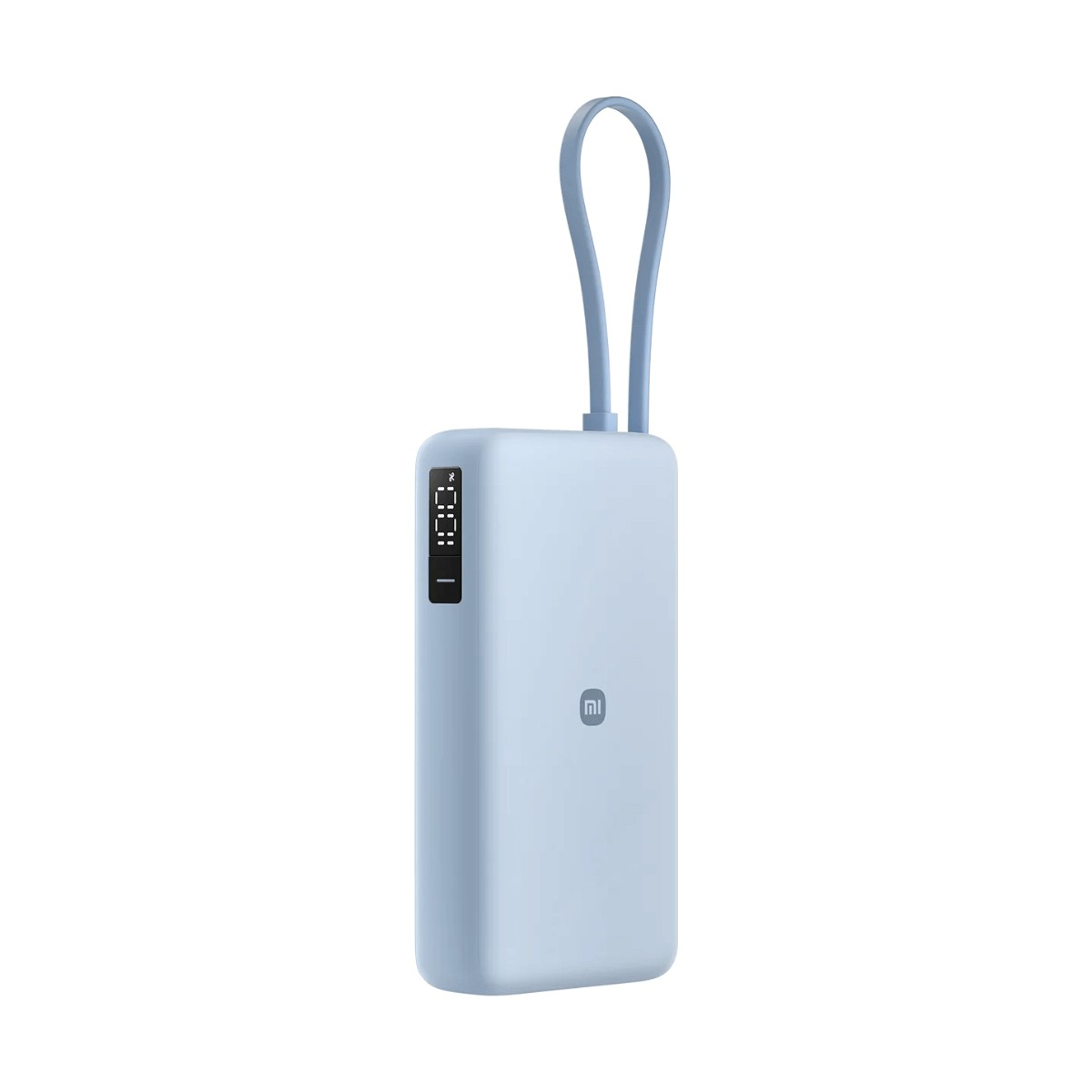Un power bank azzurro chiaro con display digitale della percentuale e cinturino coordinato su sfondo bianco.