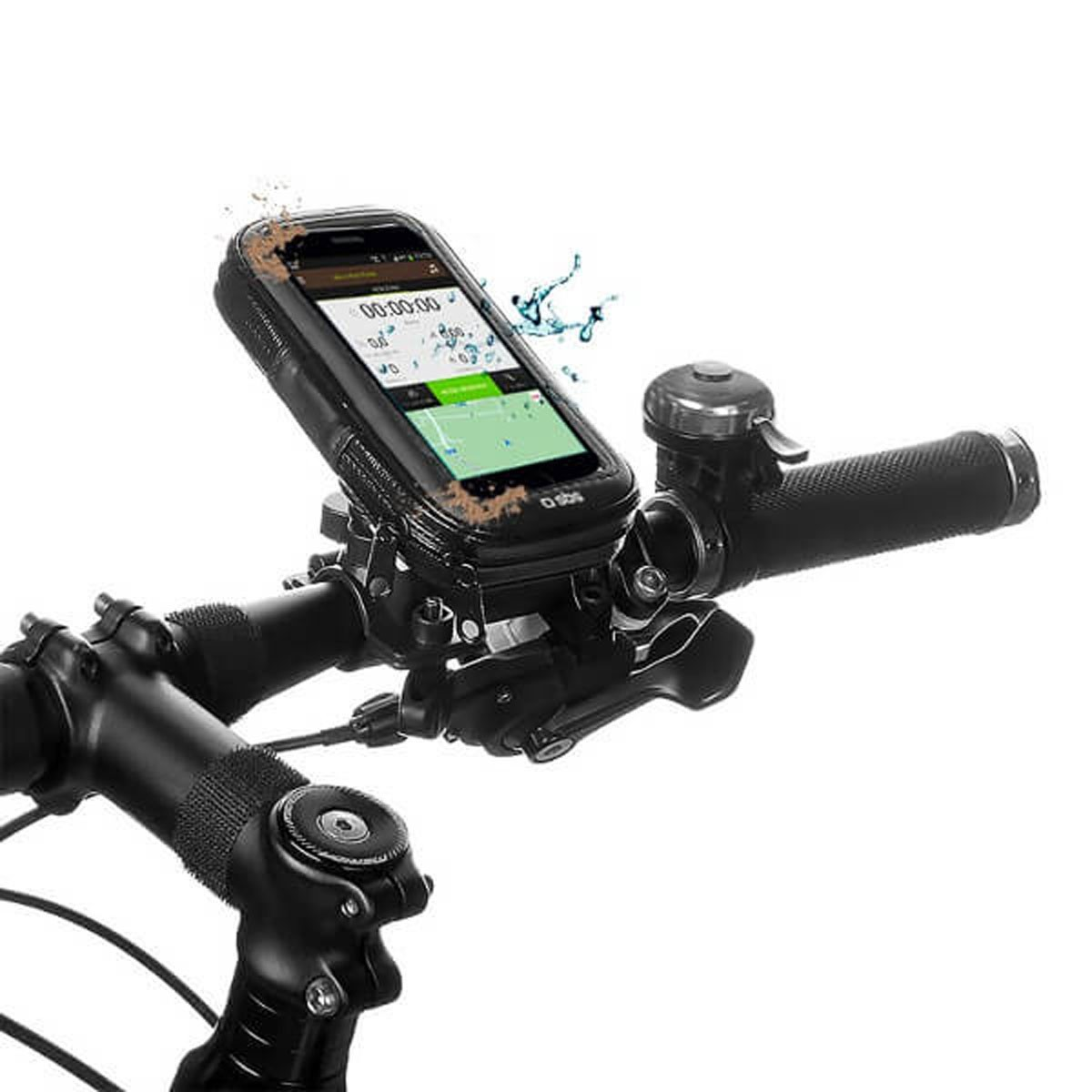 Uno smartphone in un supporto impermeabile sul manubrio di una bici, con sporco e spruzzi.
