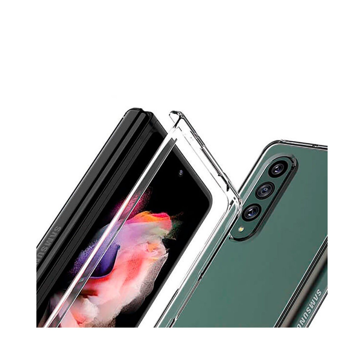 Uno smartphone pieghevole nero con custodia protettiva trasparente su sfondo bianco.