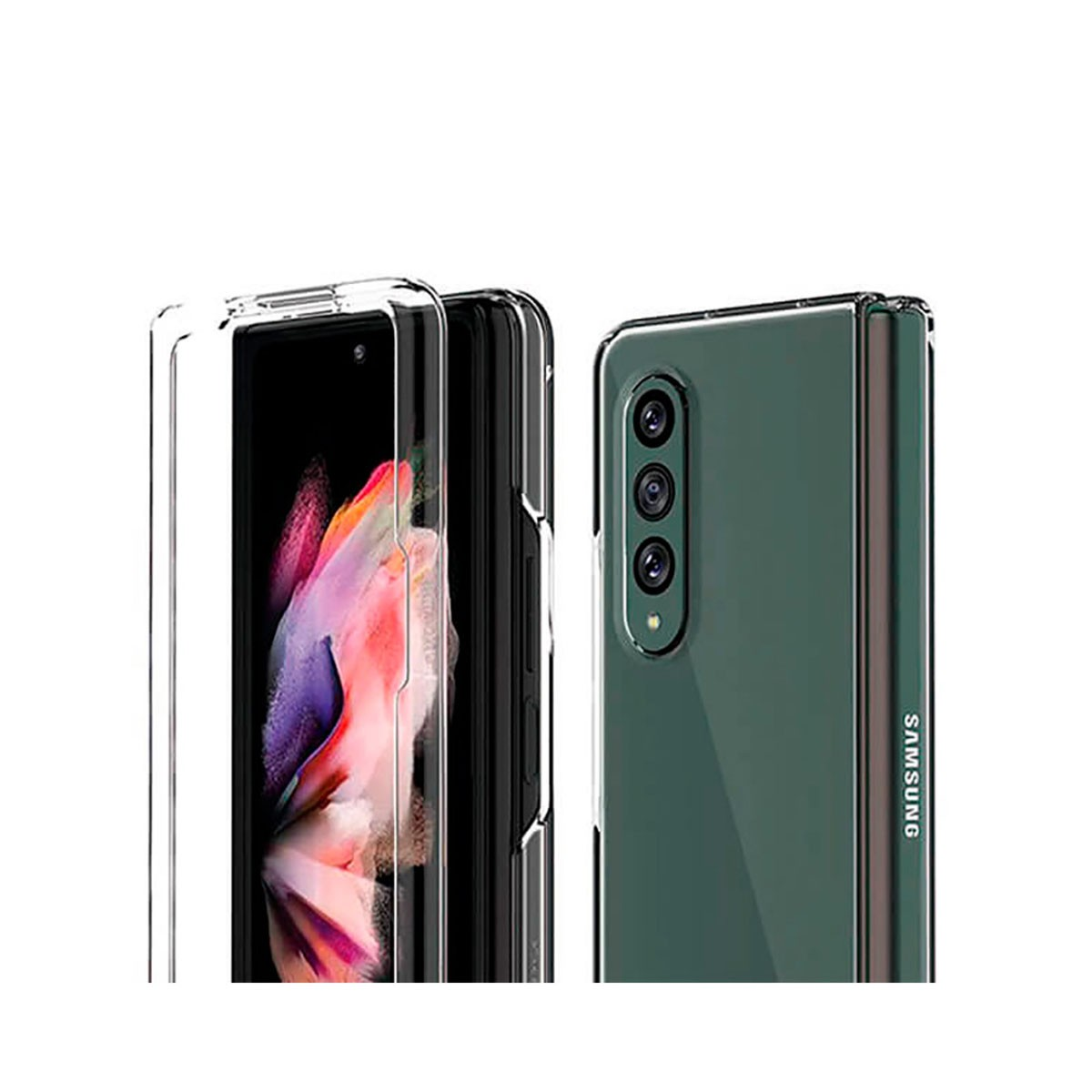 Uno smartphone pieghevole Samsung in custodia trasparente, con schermo interno e tripla fotocamera.