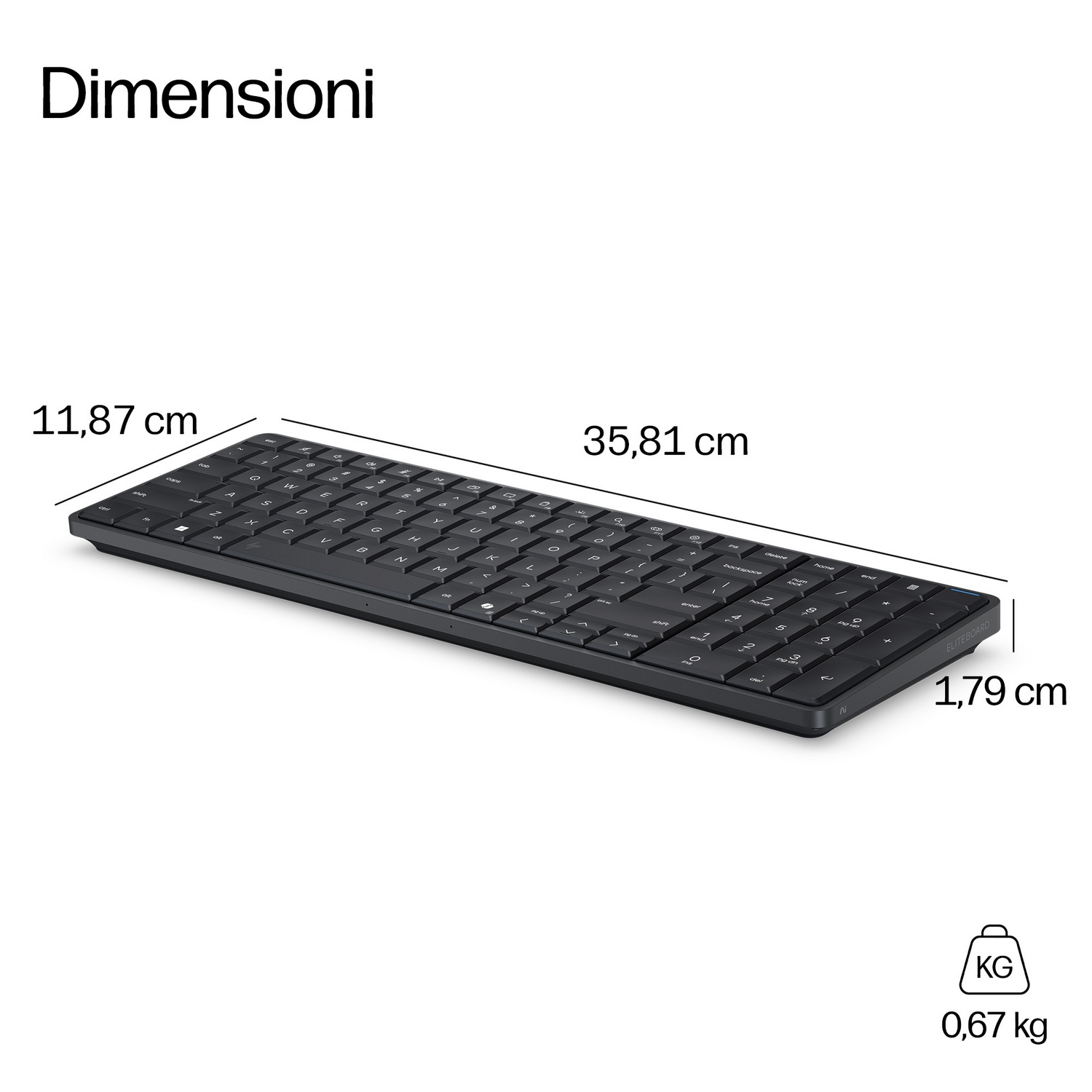 Tastiera nera con dimensioni 35,81 x 11,87 x 1,79 cm e 0,67 kg.