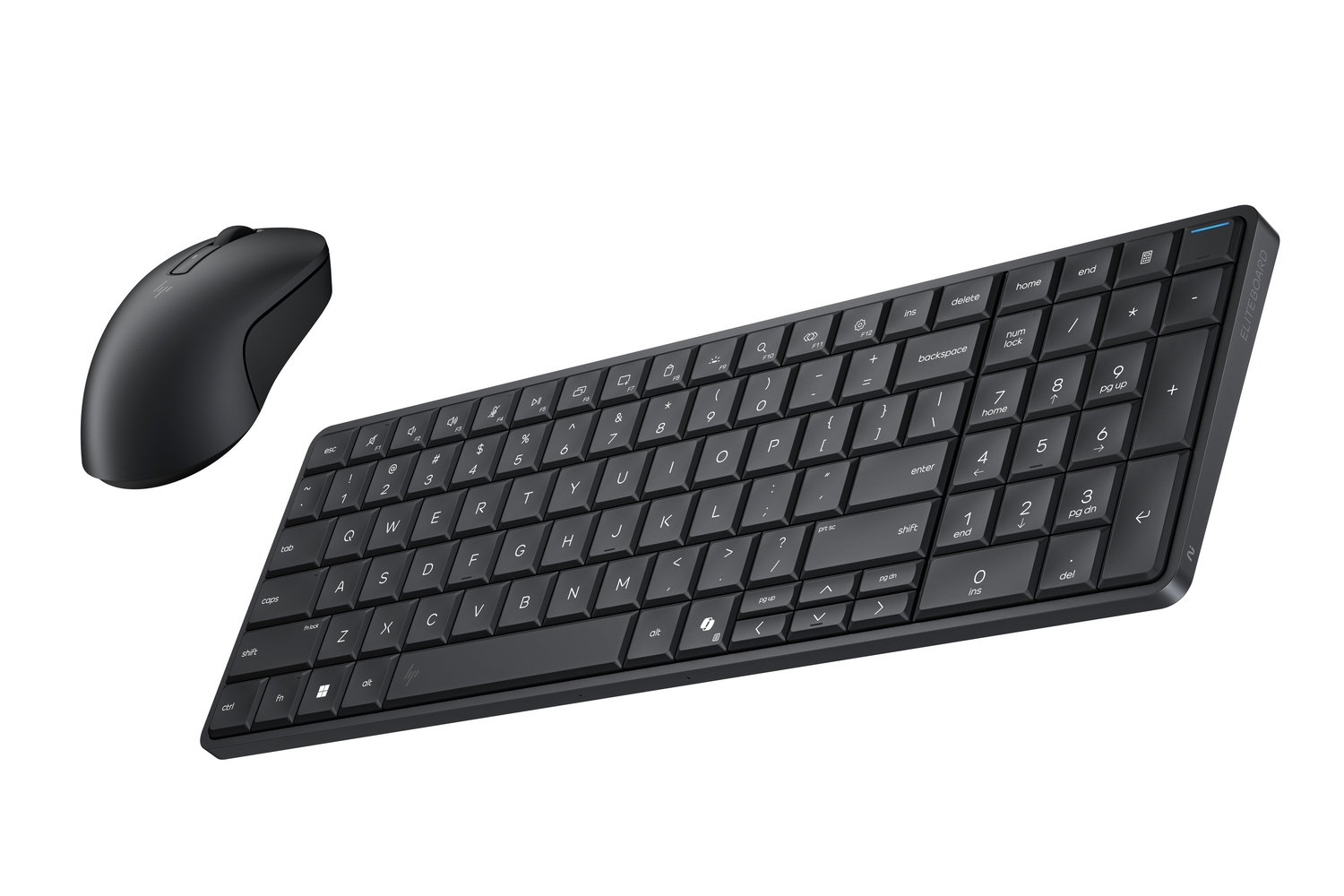 Una tastiera wireless nera e un mouse per computer wireless nero su sfondo bianco.