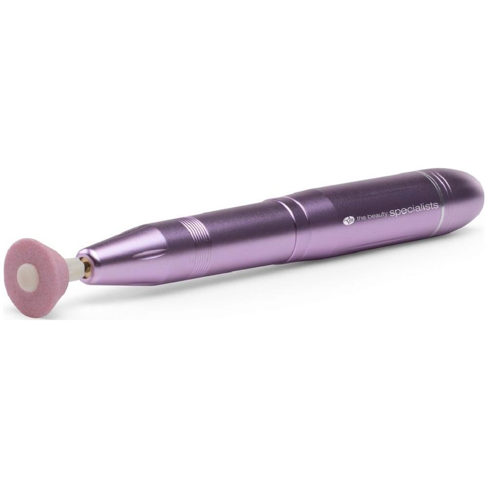 Un dispositivo elettronico per la cura delle unghie viola a forma di penna con punta abrasiva rosa.