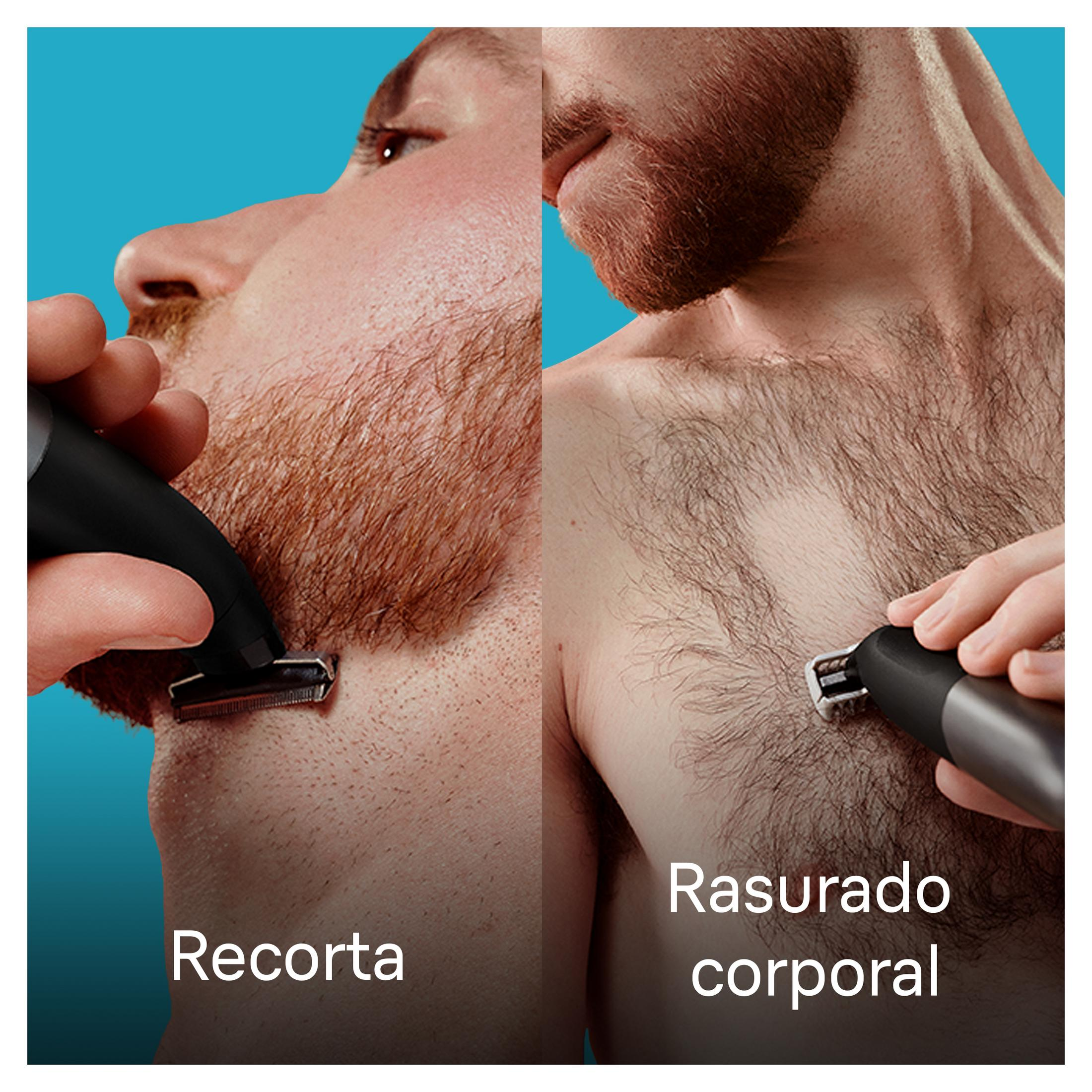 Un uomo si regola la barba a sinistra e i peli del petto a destra.