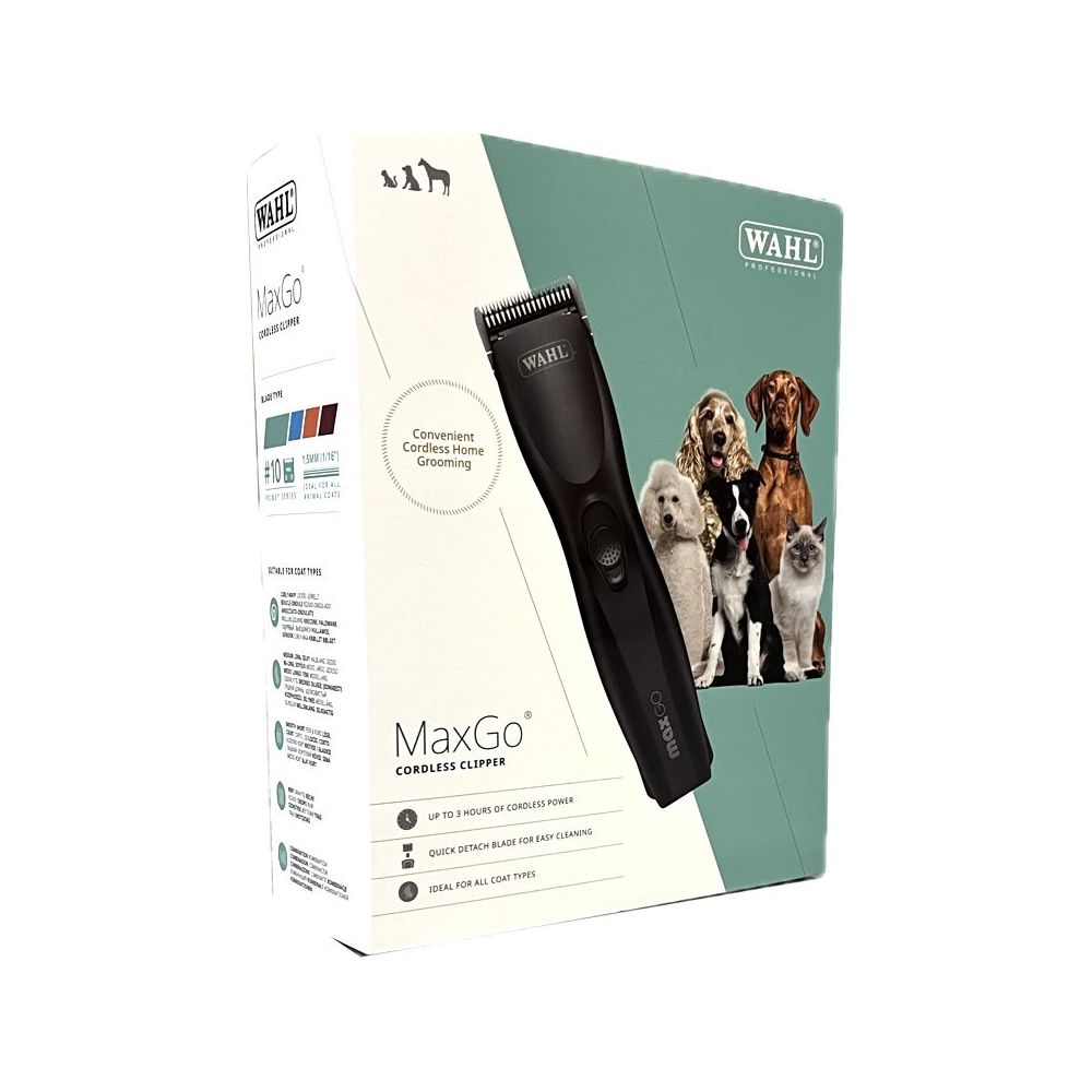 Tosatrice cordless per animali Wahl MaxGo su confezione con immagini di cani e gatto.