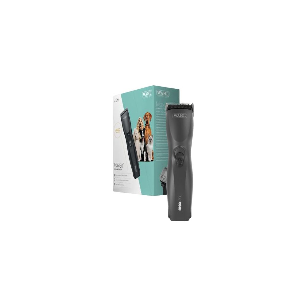 Tosatrice cordless per animali Wahl MaxGo grigio scuro con la scatola decorata con immagini di cani.