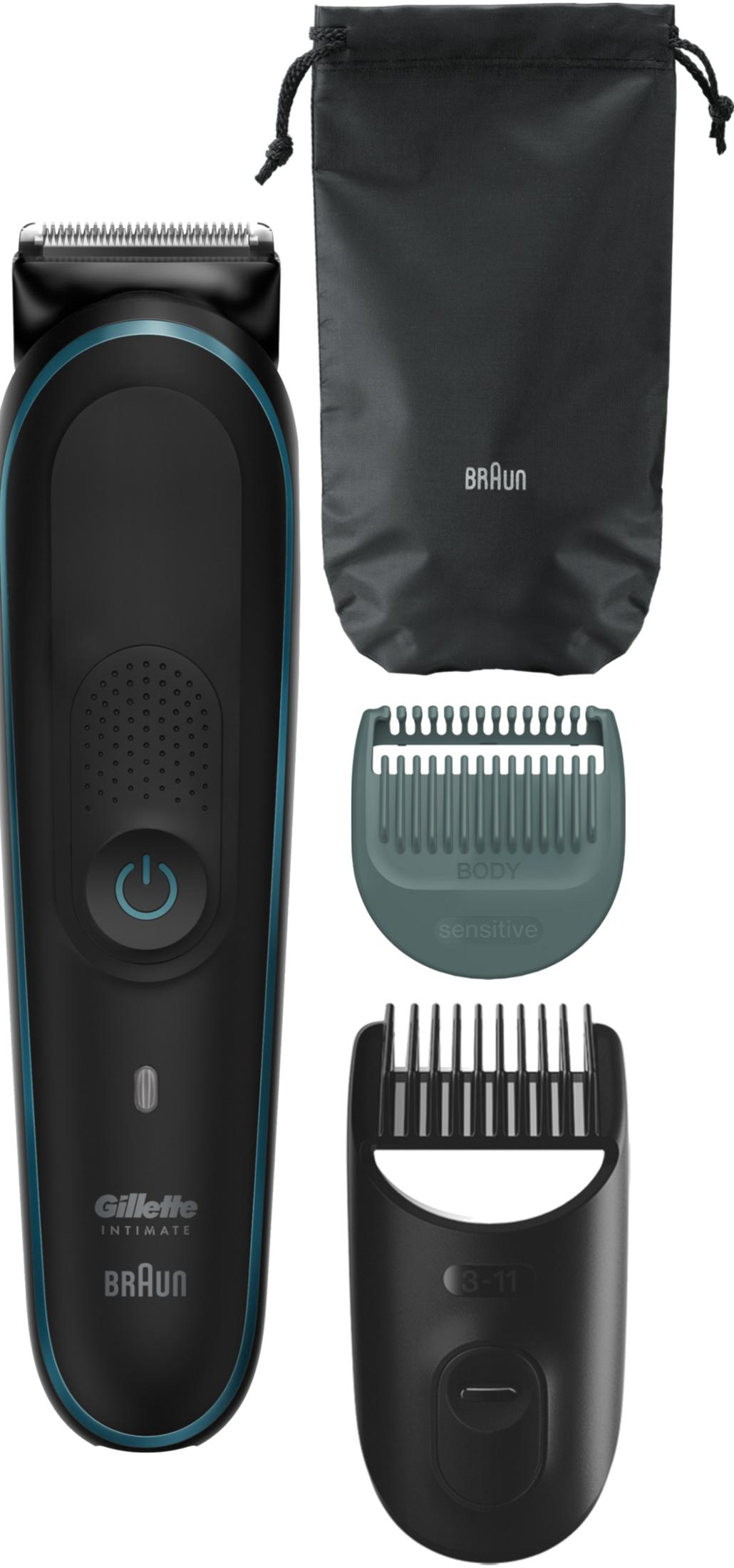 Trimmer intimo Gillette nero e blu con due accessori a pettine, protezione sensibile e custodia nera.