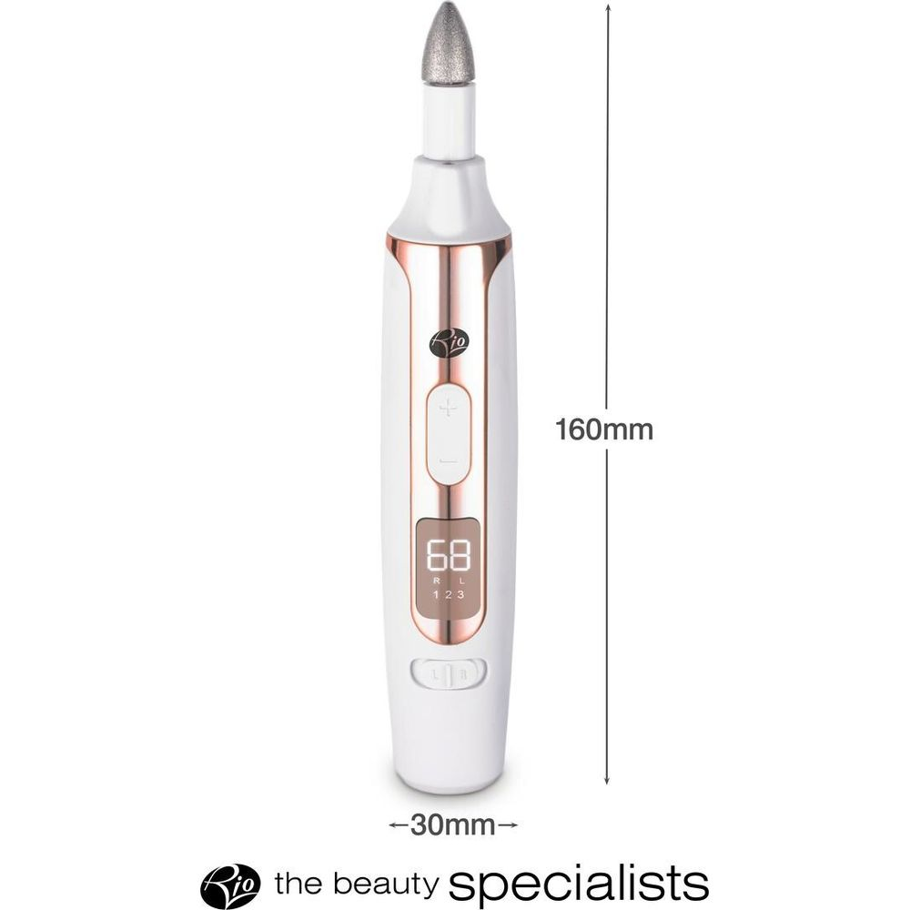 Dispositivo elettrico per unghie bianco e oro rosa, alto 160 mm e largo 30 mm.