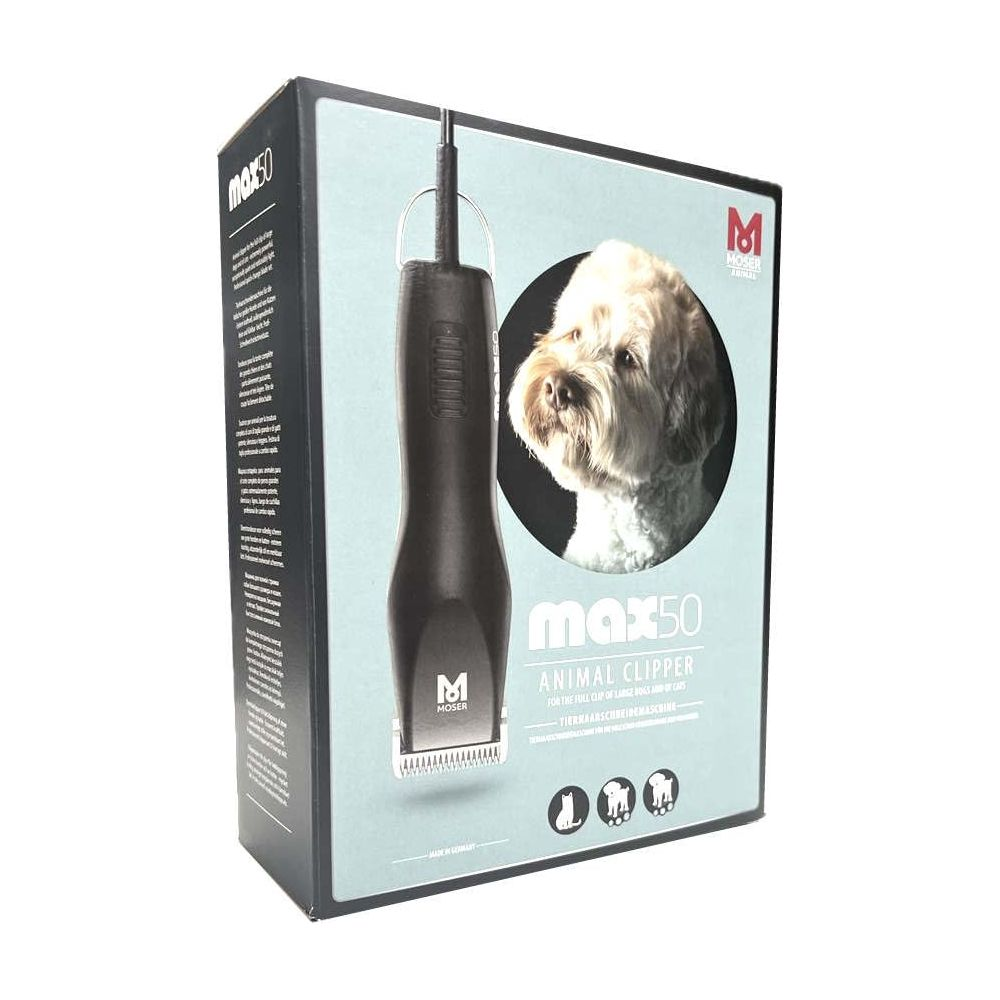 Verpackung der Moser max50 Tierhaarschneidemaschine mit einem Bild eines Hundes auf der Vorderseite.