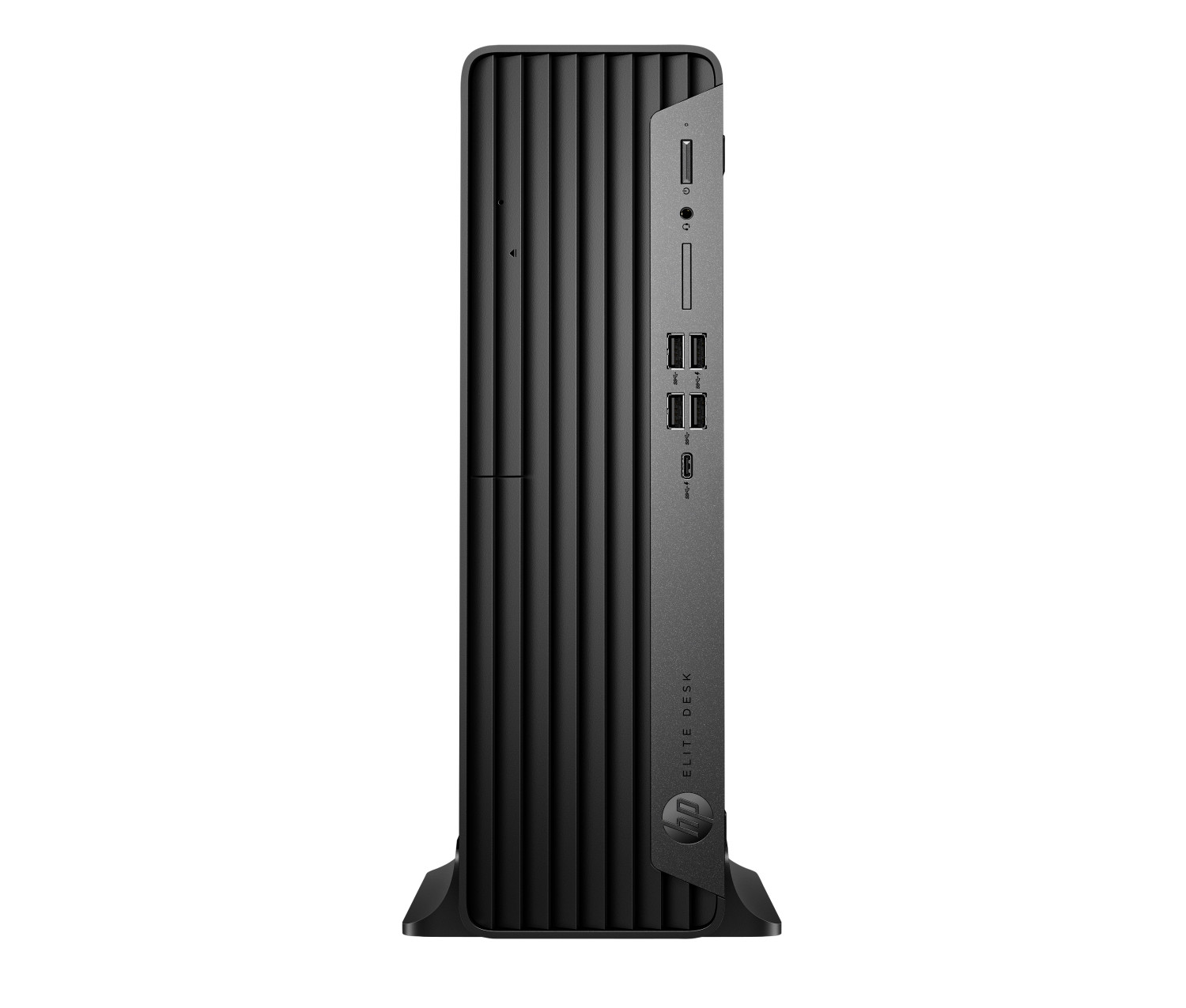 Computer HP EliteDesk nero in formato verticale con porte anteriori.