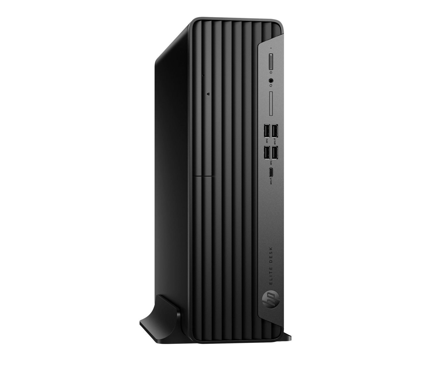Un PC desktop HP EliteDesk nero si trova verticalmente su sfondo bianco, mostrando il pannello anteriore e laterale.