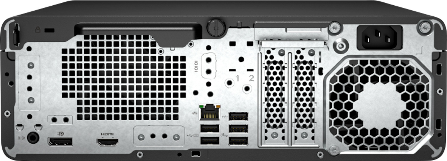 Pannello posteriore di un computer desktop con varie porte tra cui USB, HDMI, audio e alimentazione.