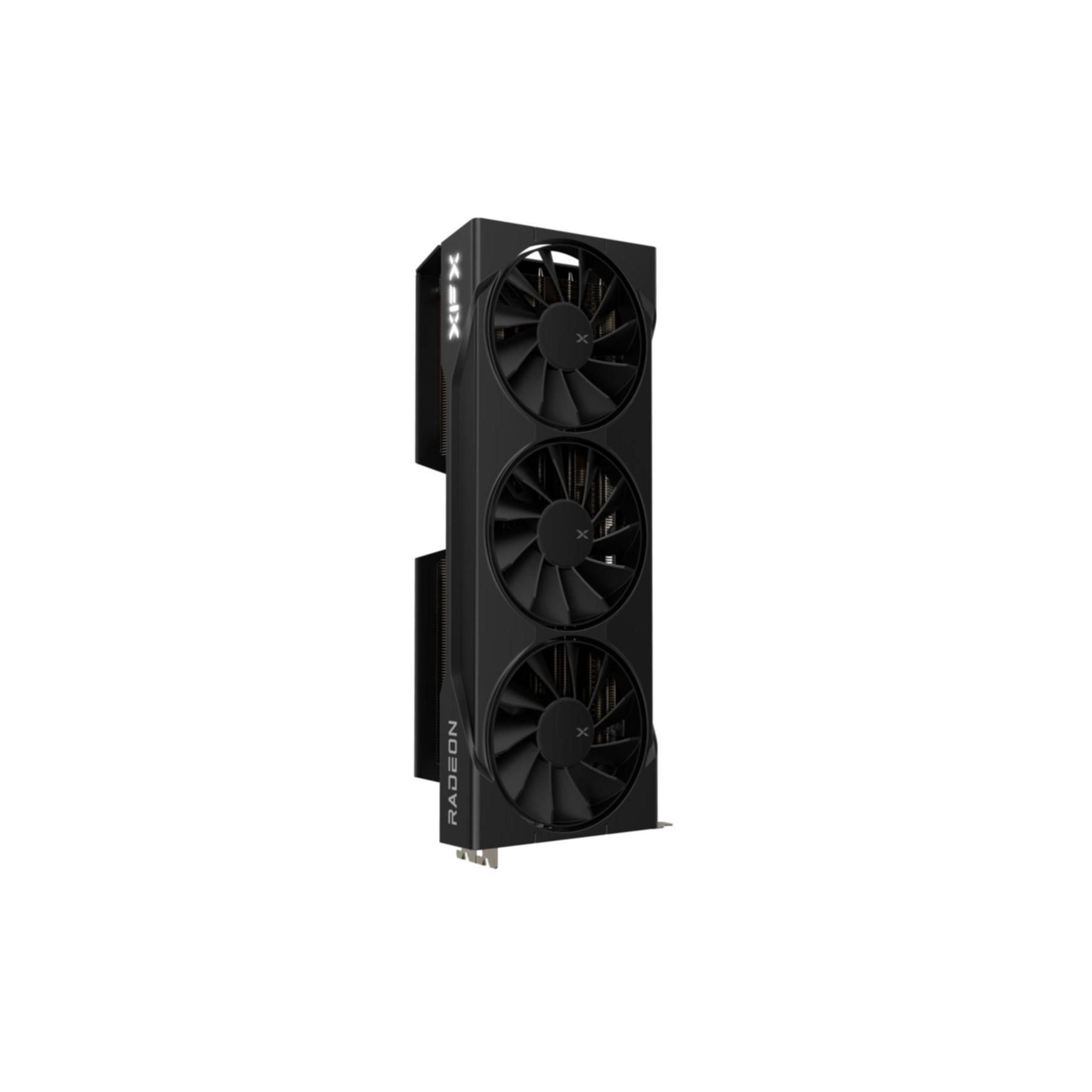 Czarna karta graficzna XFX Radeon z trzema wentylatorami na białym tle.