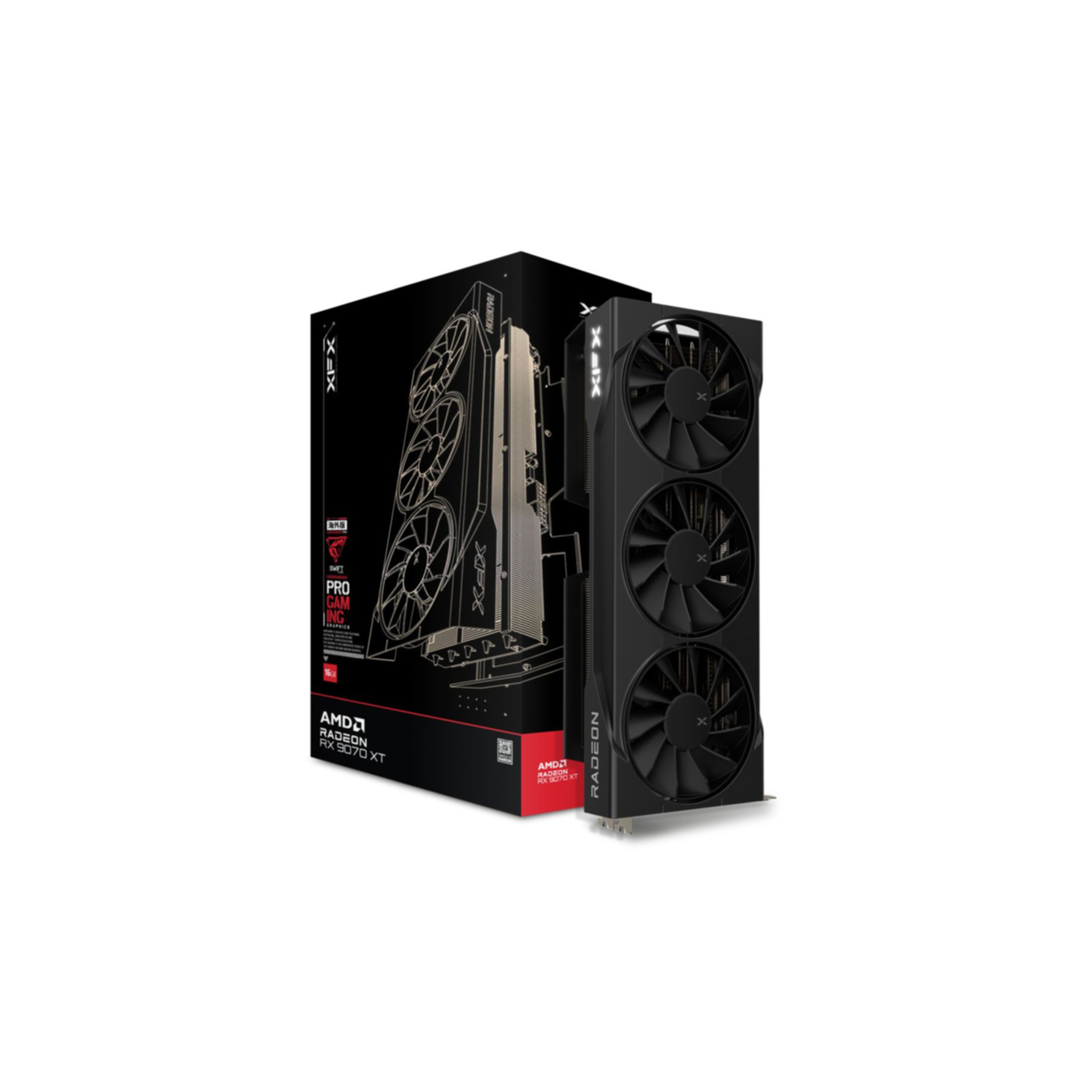 Karta graficzna XFX AMD Radeon RX 9070 XT z czarnymi trzema wentylatorami obok opakowania.