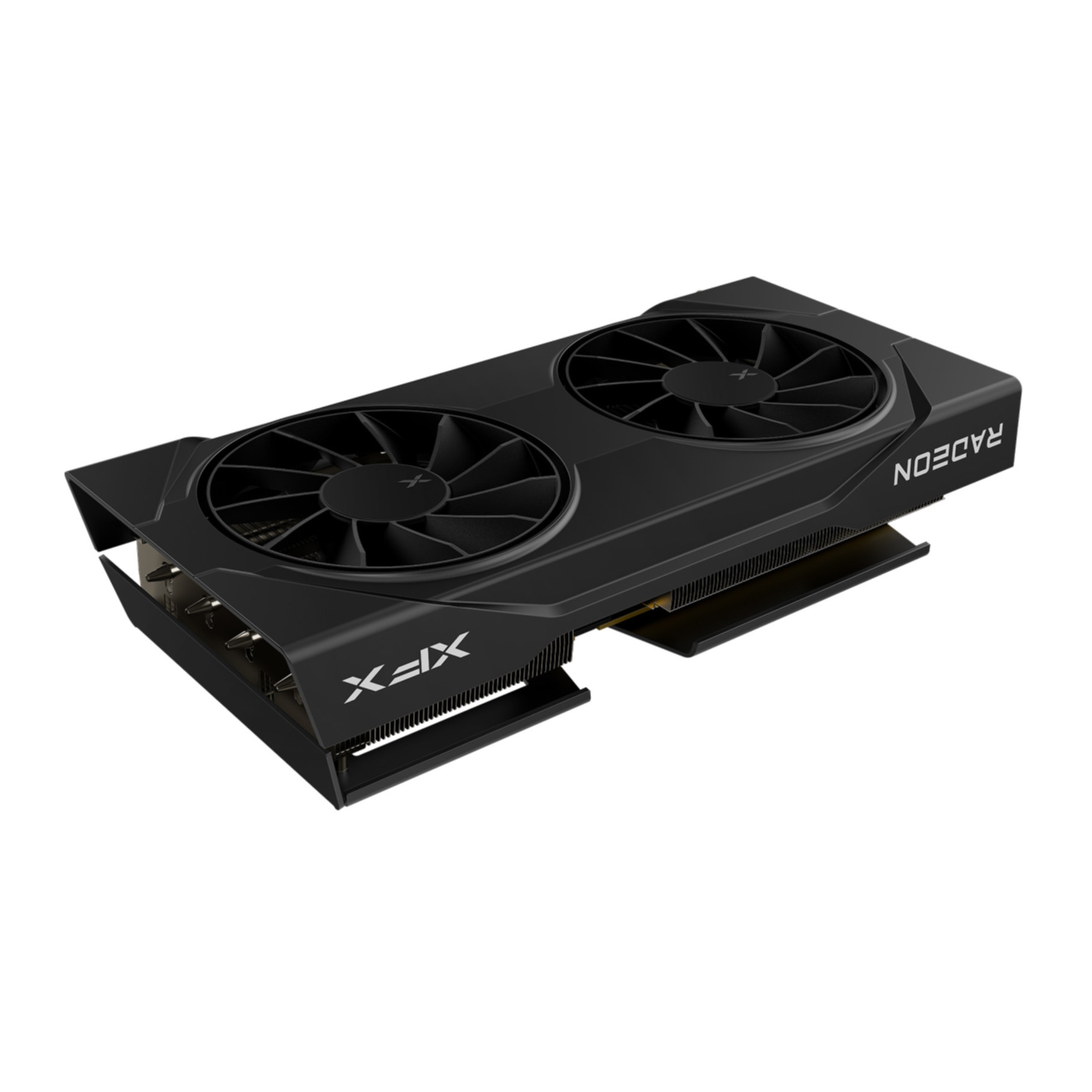 Scheda grafica nera XFX Radeon con due ventole su sfondo bianco.