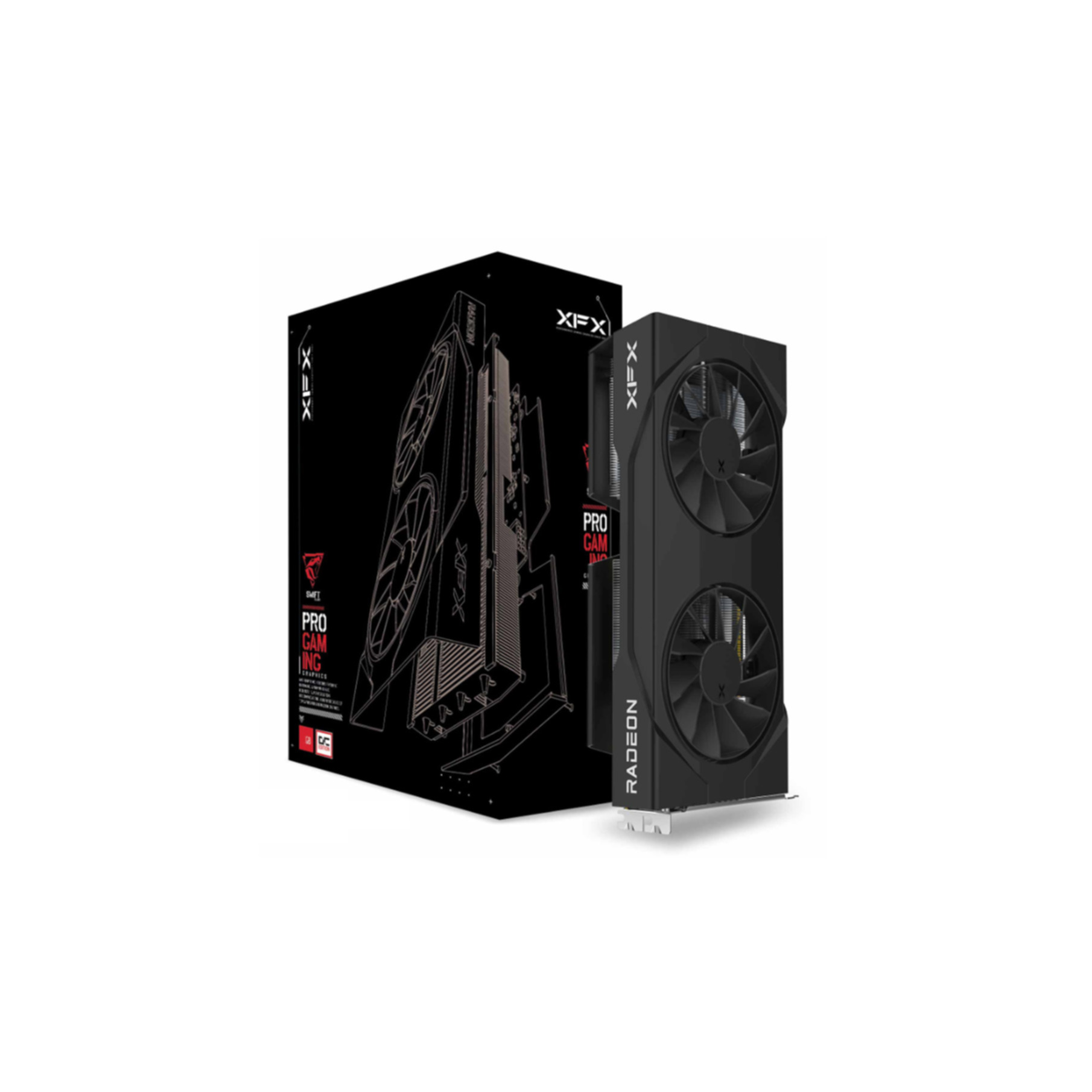 Scheda grafica nera XFX Radeon davanti alla sua confezione su sfondo bianco.