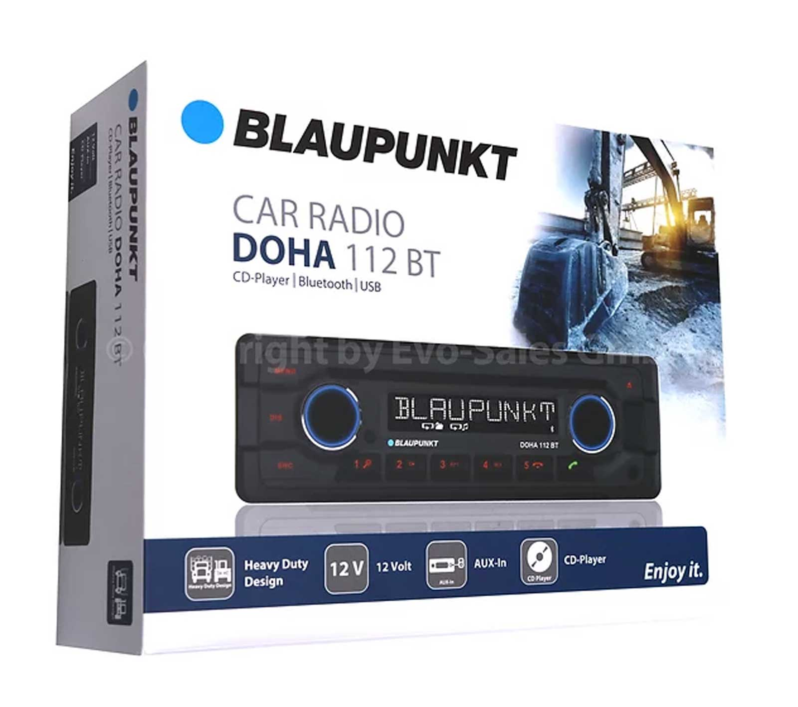 Verpackung des Blaupunkt Car Radio Doha 112 BT mit Baustellenmotiv und Produktdetails.