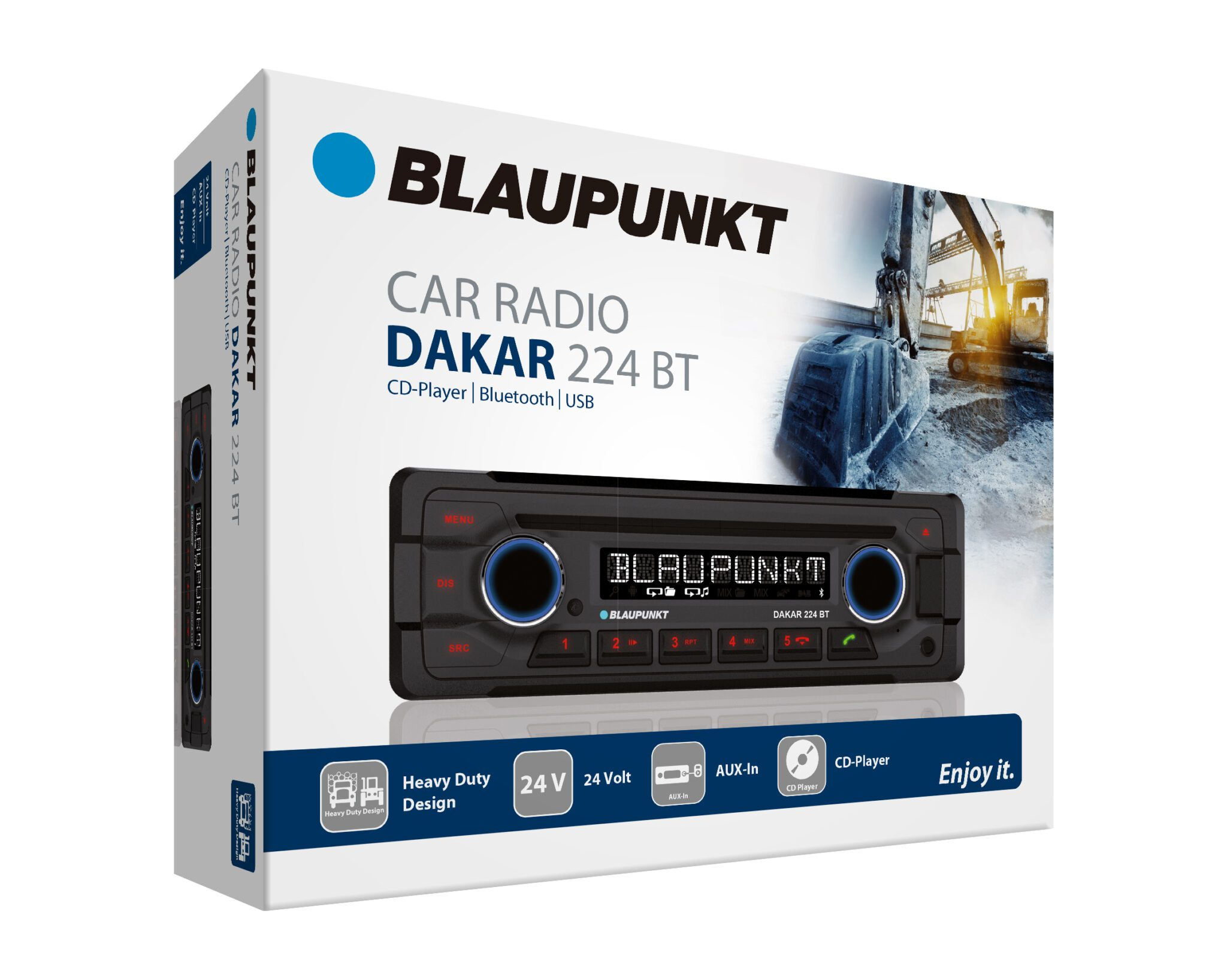Verpackung des Blaupunkt Car Radio Dakar 224 BT mit schwerem Baustellenfahrzeug-Design auf weißem Hintergrund.