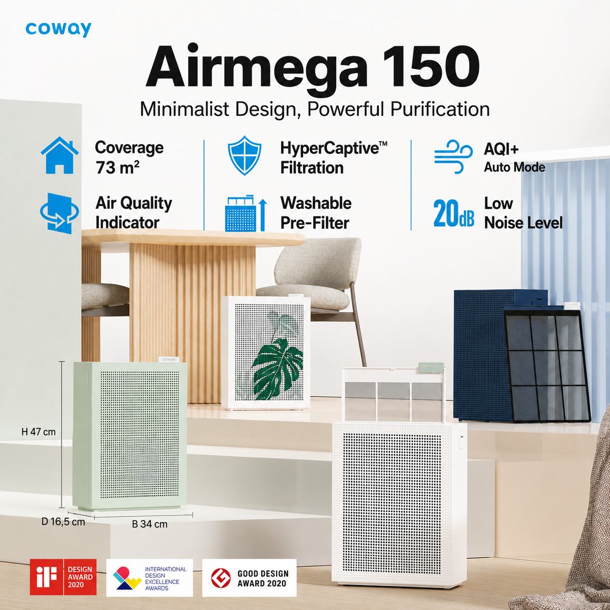 Coway Airmega 150 Luftreiniger in verschiedenen Farben mit Abmessungen und Funktionssymbolen vor einer Holzwand.