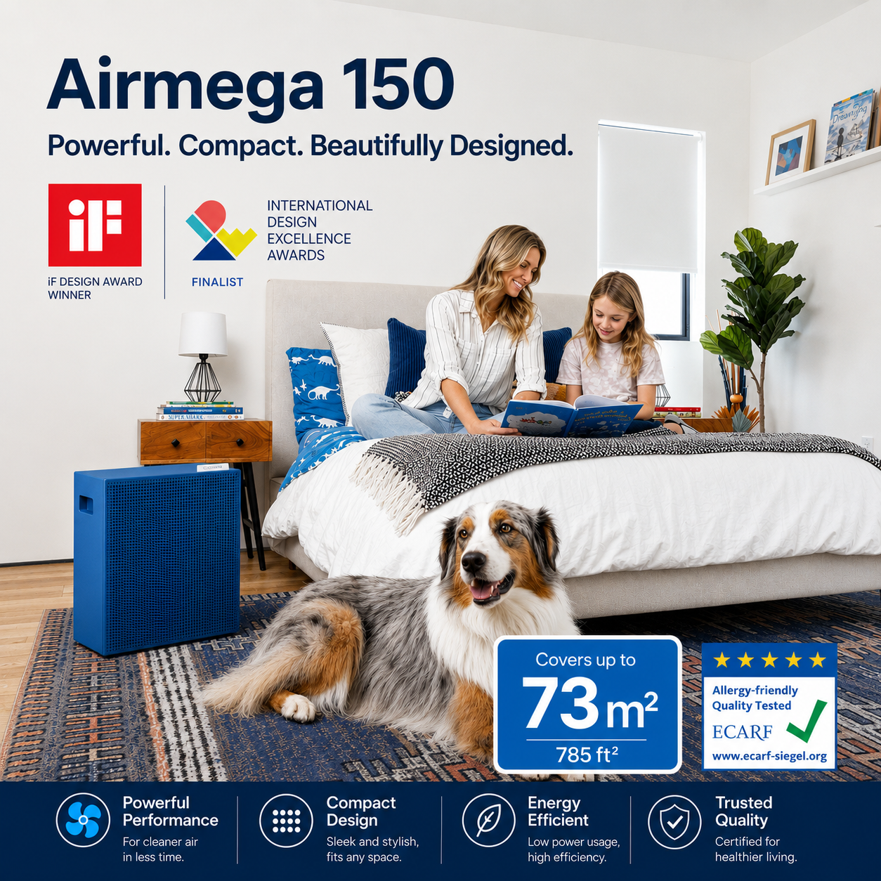 Eine Frau und ein Kind lesen auf einem Bett neben einem blauen Luftreiniger, während ein Hund auf dem Teppich liegt.