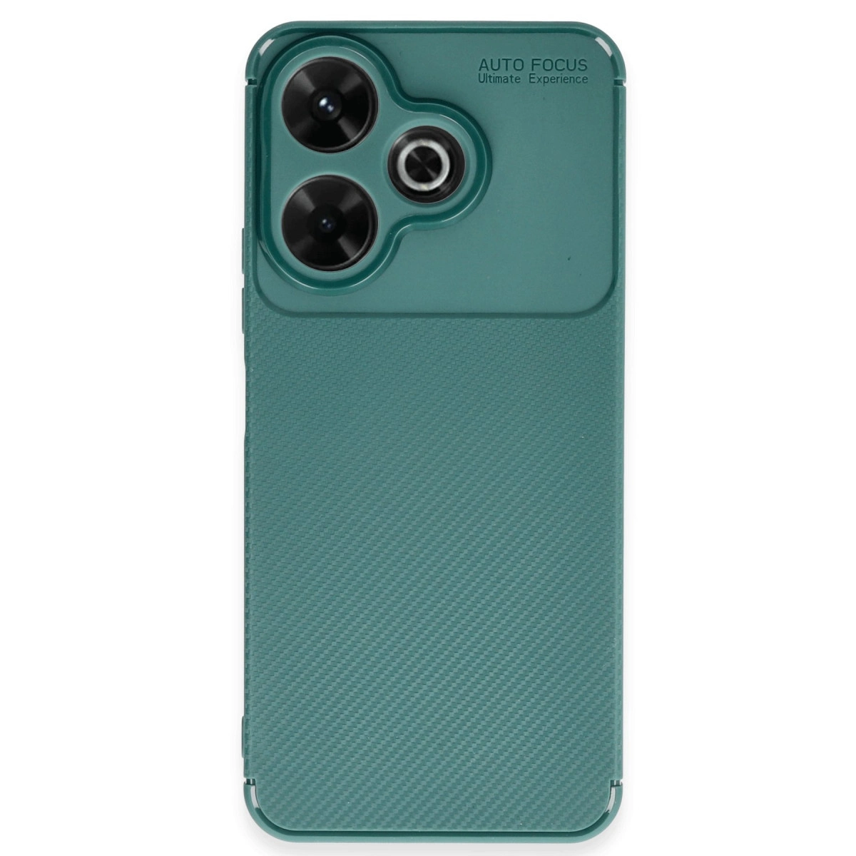 Dokulu karbon fiber arkaya ve üç lensli kamera modülüne sahip yeşil akıllı telefon kılıfı.