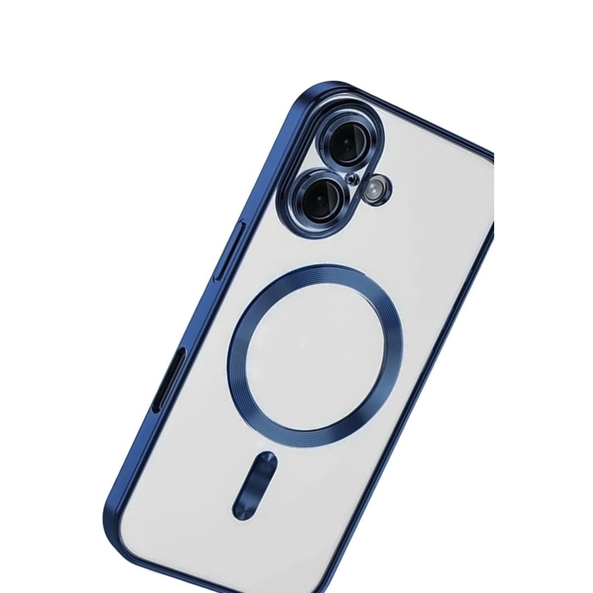 Beyaz arka planda manyetik halkalı mavi şeffaf akıllı telefon kılıfı.