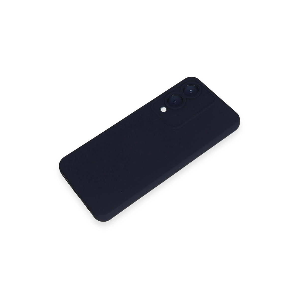 Arkada iki kamera lensine sahip koyu renkli bir akıllı telefon beyaz arka planda duruyor.