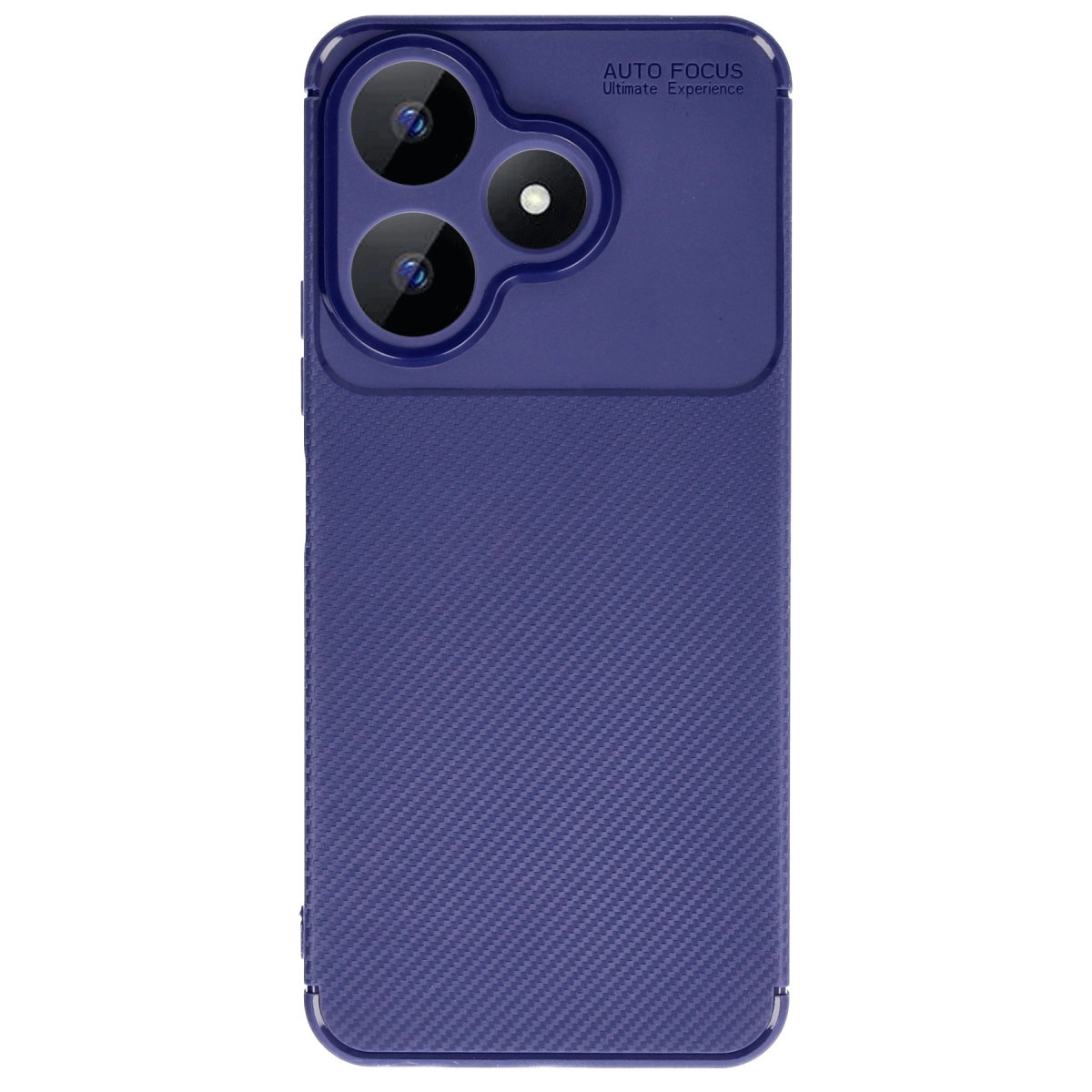 Arka tarafında kamera çıkıntısı ve Auto Focus Ultimate Experience yazısı olan mavi akıllı telefon kılıfı.