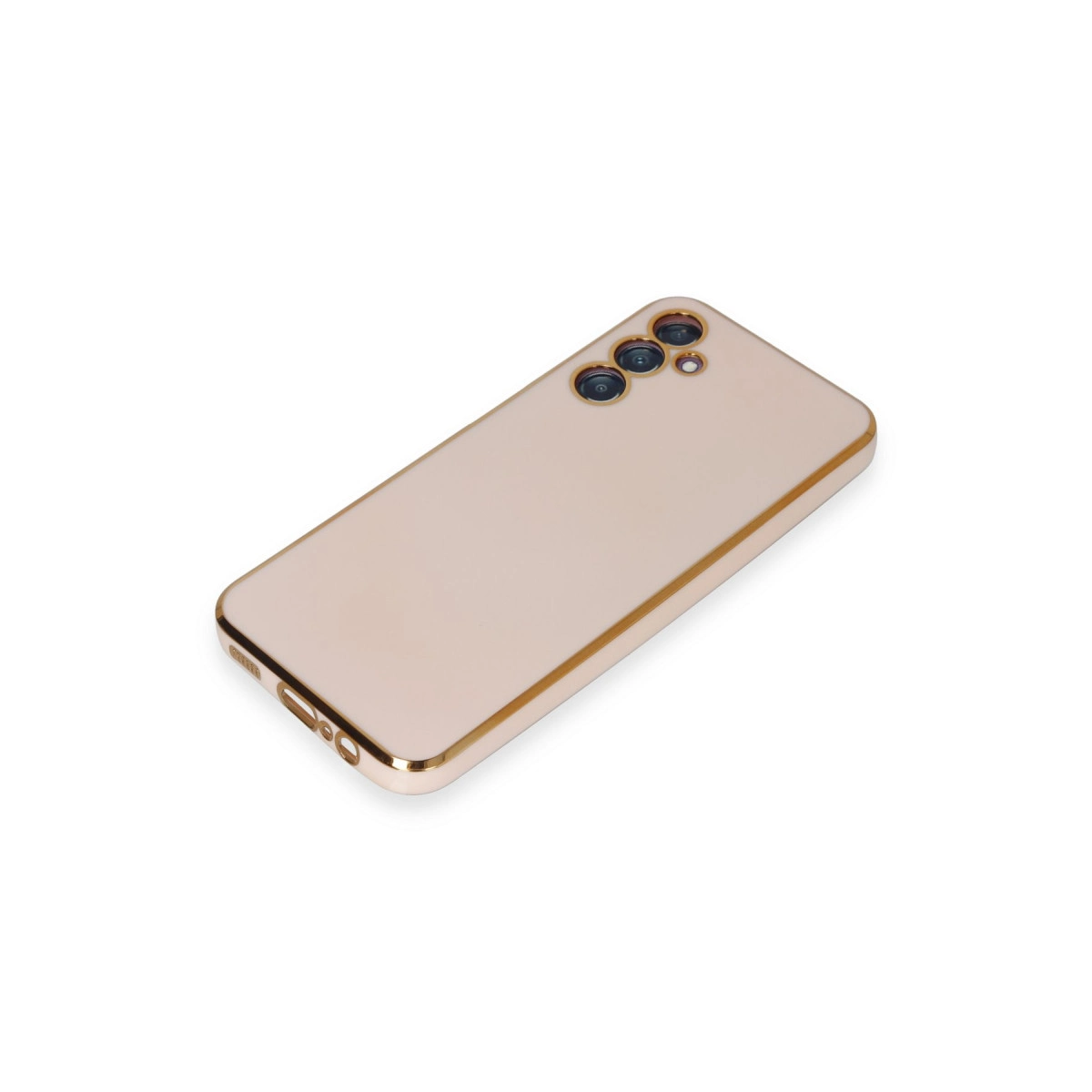 Parlak kenarlı ve üç kamera lensli pembe altın akıllı telefon beyaz arka planda duruyor.