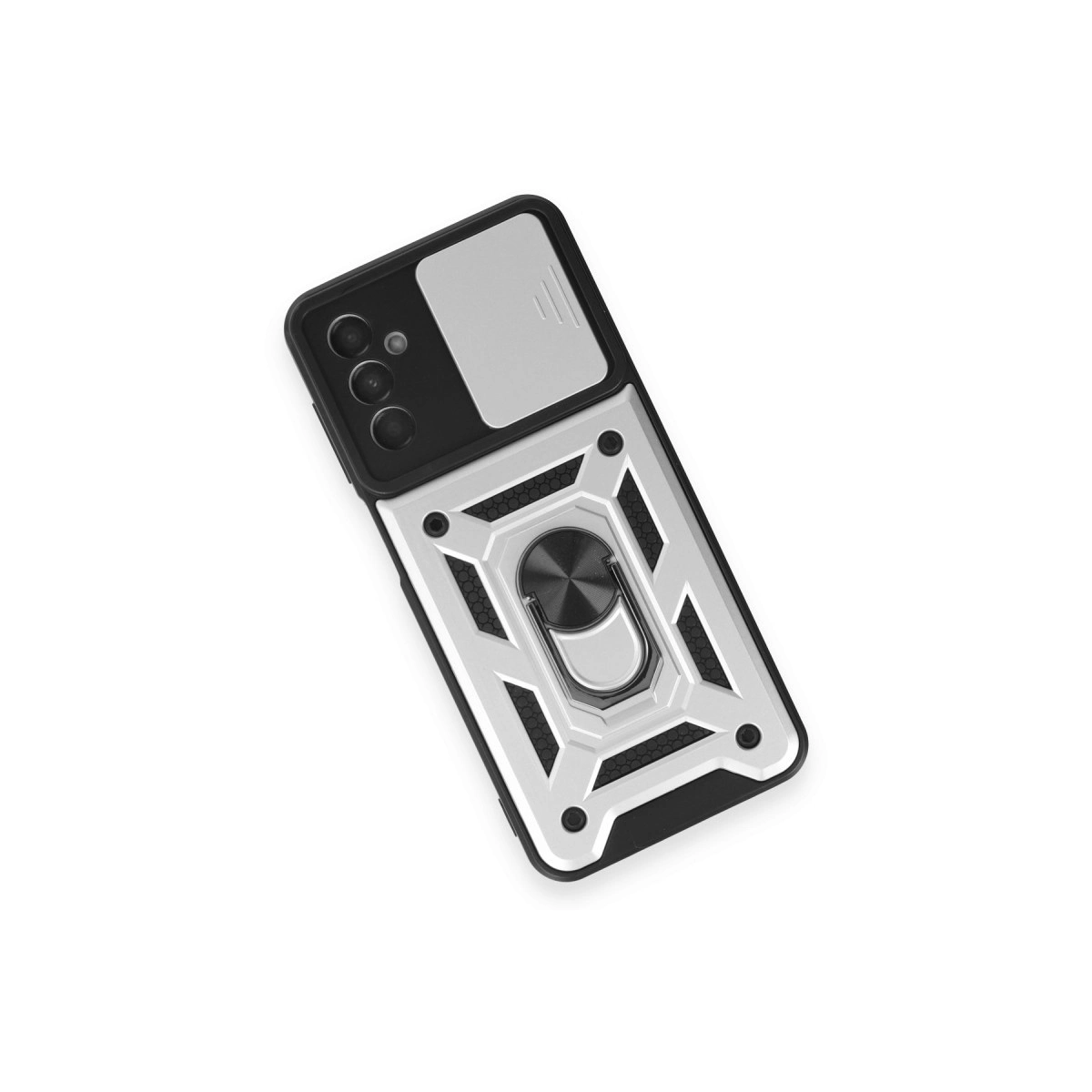Beyaz arka planda gümüş koruyucu kılıf, kamera lens kapağı ve entegre halka tutucuya sahip siyah akıllı telefon.