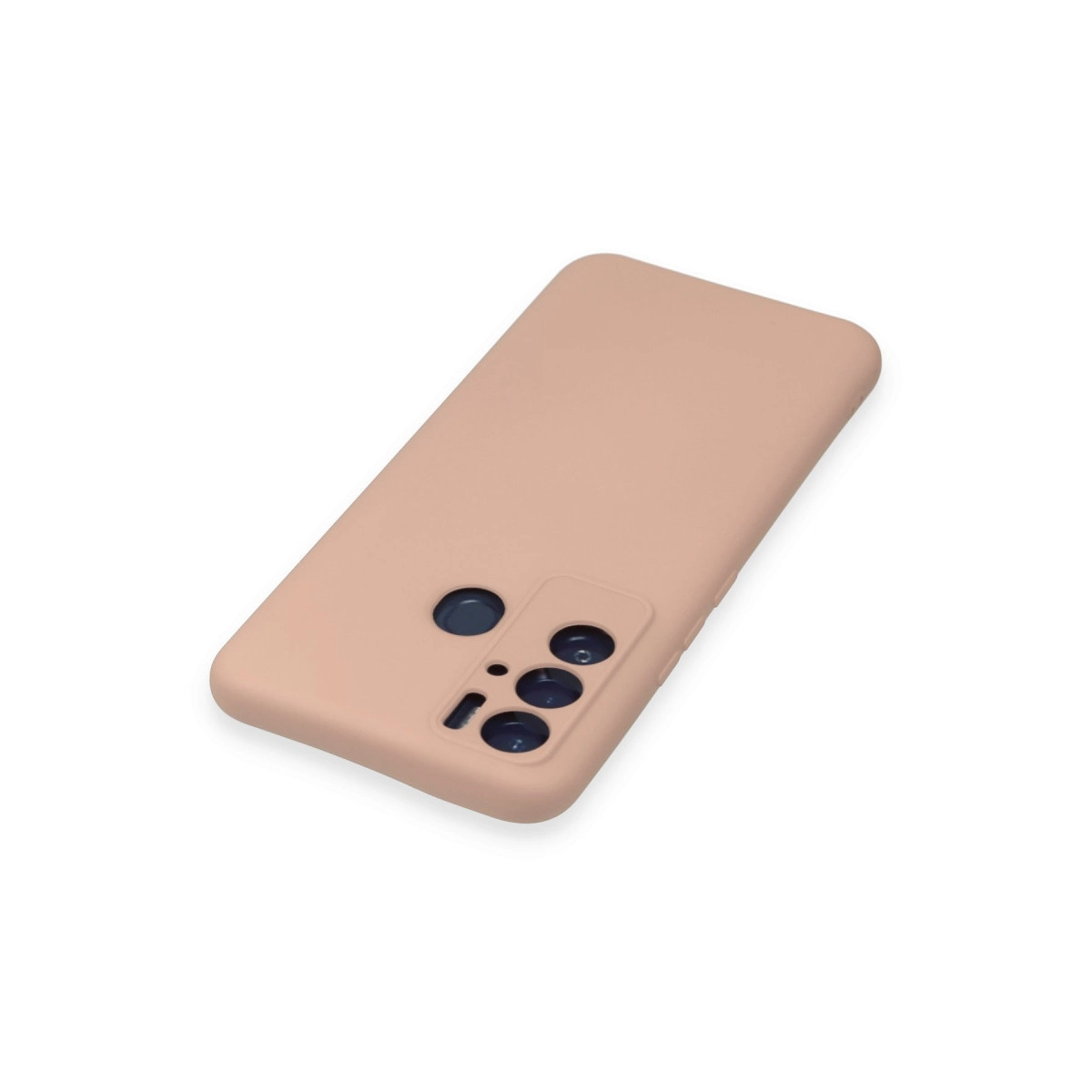 Pembe bir akıllı telefon kılıfı, beyaz bir arka plan üzerinde duruyor ve kamera kesiklerini gösteriyor.
