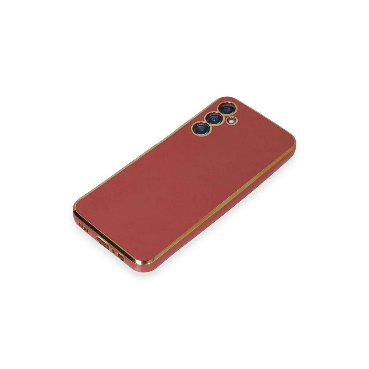 Beyaz arka planda altın kenarlı ve üç arka kameralı kırmızı akıllı telefon.