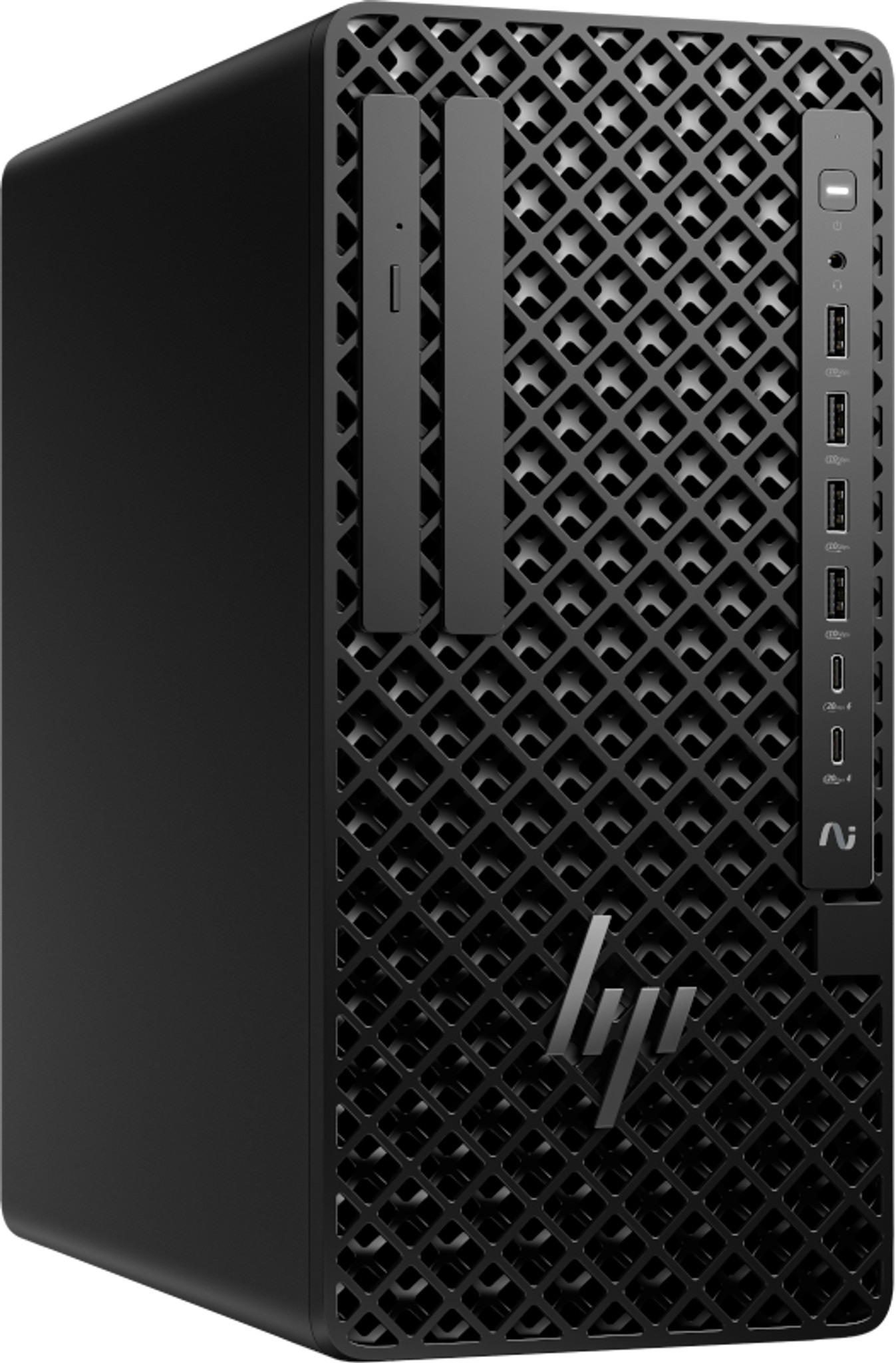 Computer desktop HP nero con pannello frontale a griglia romboidale e porte USB.